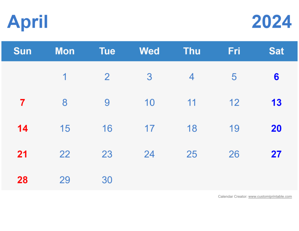 Download Calendar April 2024 printable for free as PDF and file image PNG.