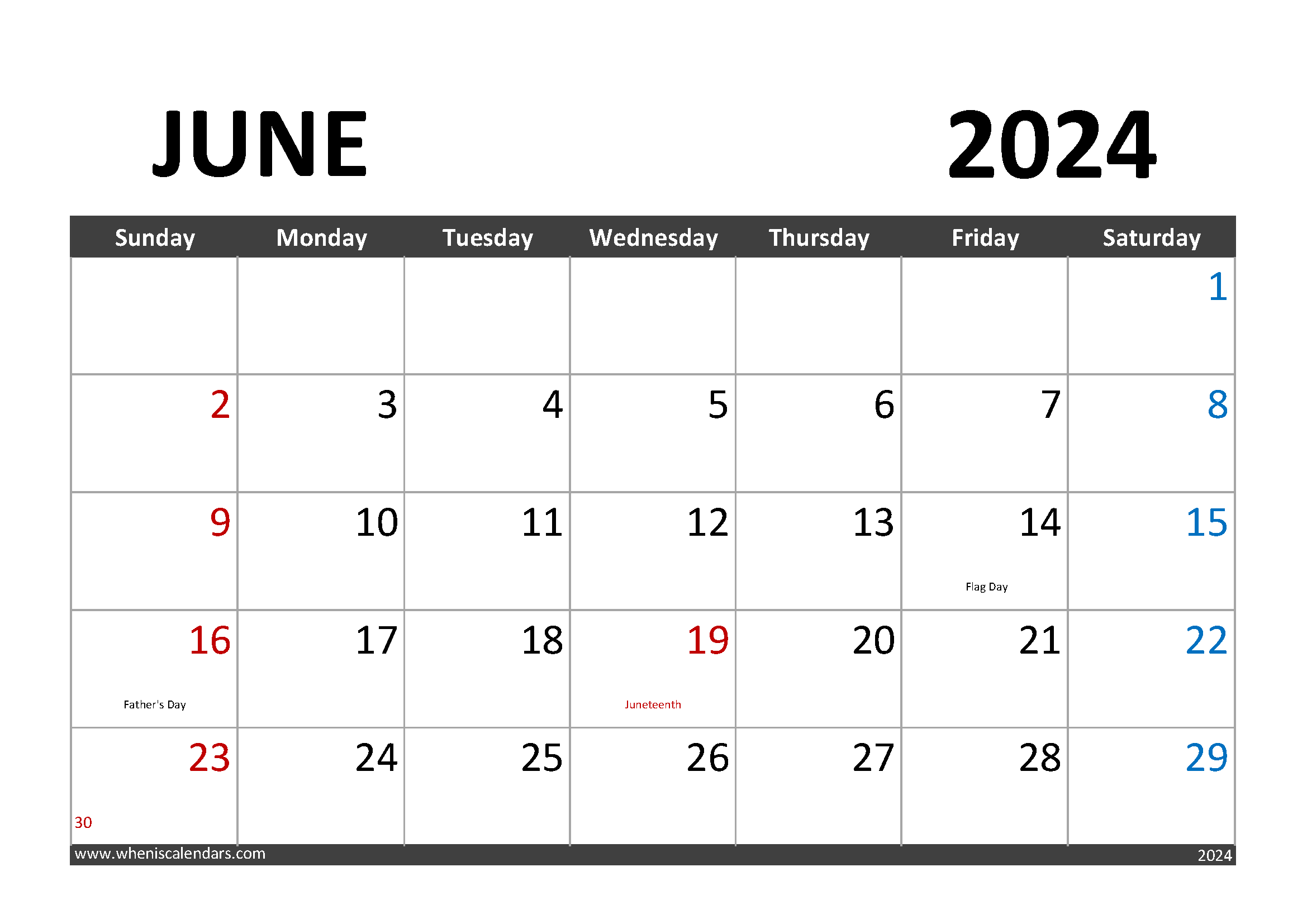 Printable June 2024 Calendar with Holidays