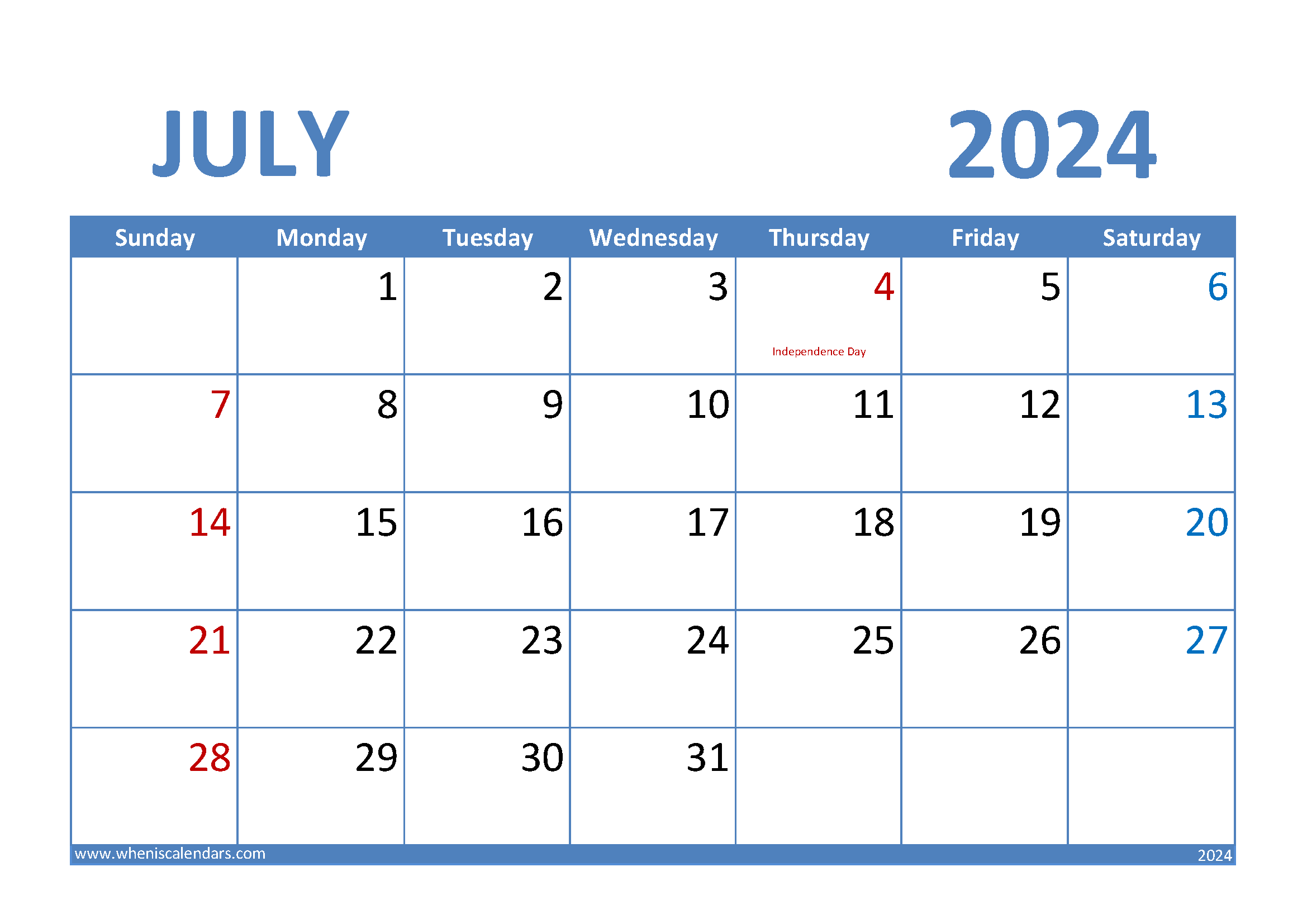 July 2024 Calendar Excel