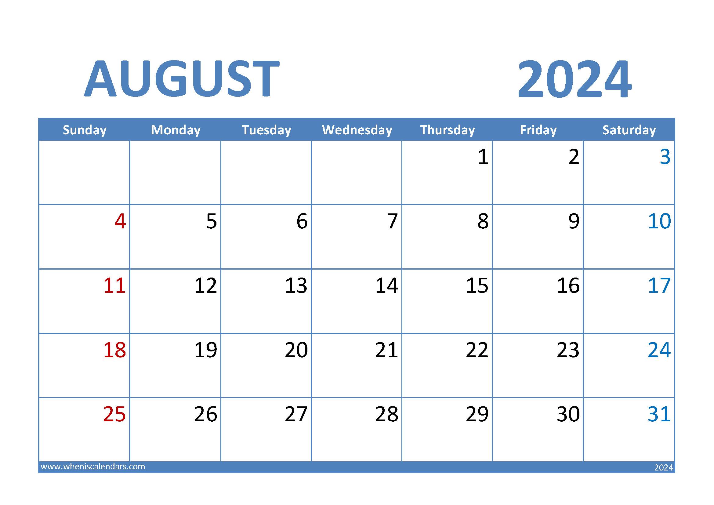 August 2024 Calendar Excel