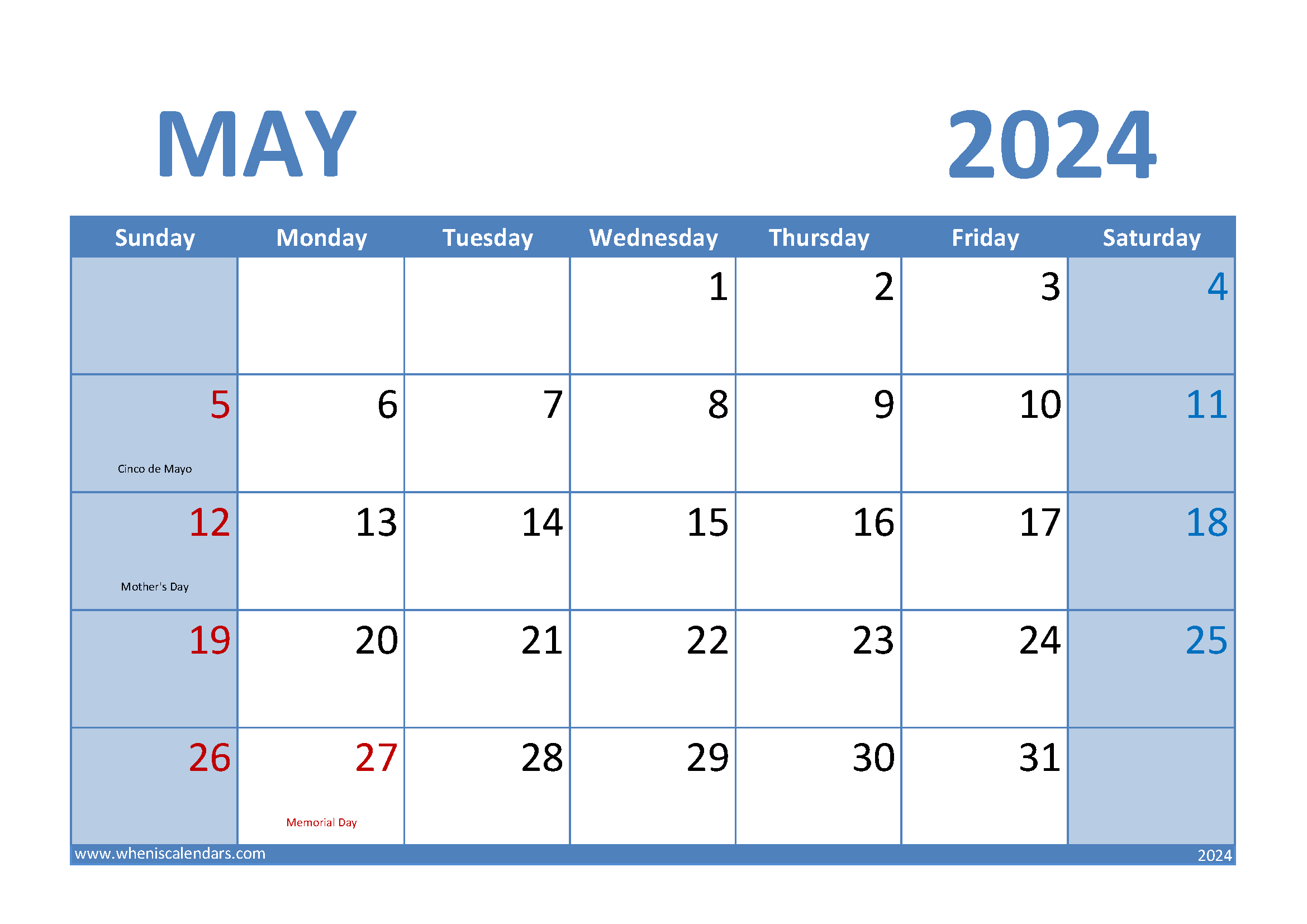 May 2024 Calendar A4
