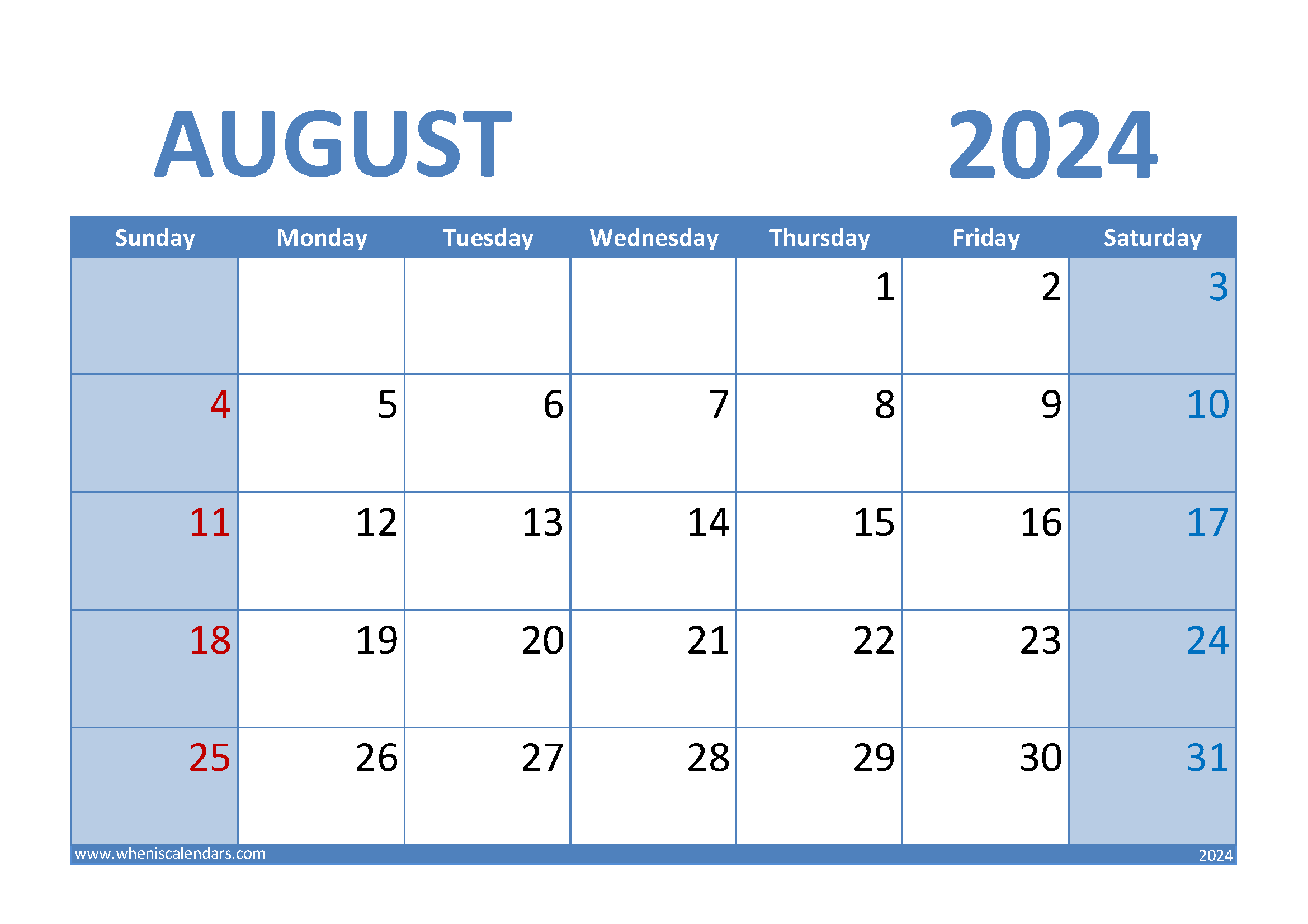 August 2024 Calendar A4