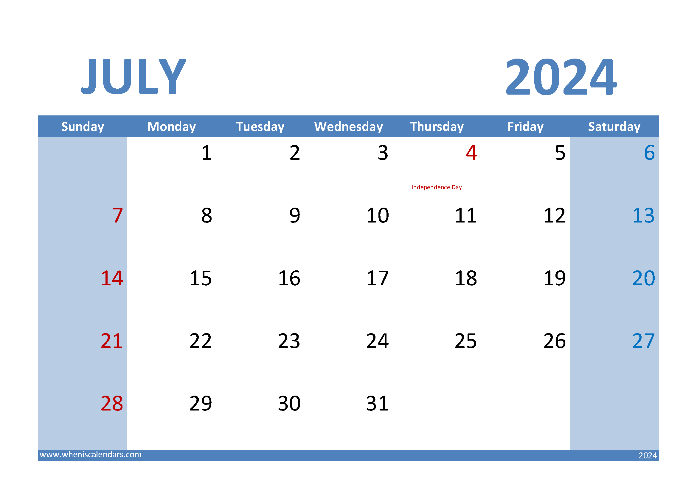 July 2024 Calendar landscape