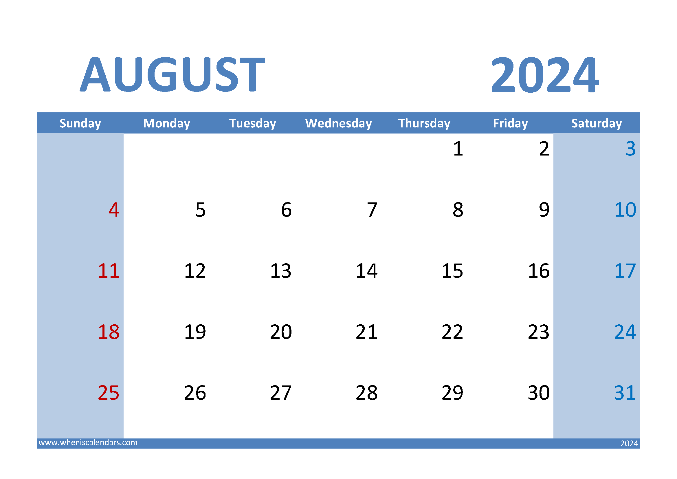 August 2024 Calendar landscape