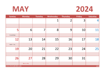 May Calendar 2024 Printable