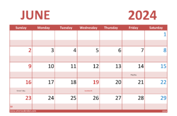 June Calendar 2024 Printable