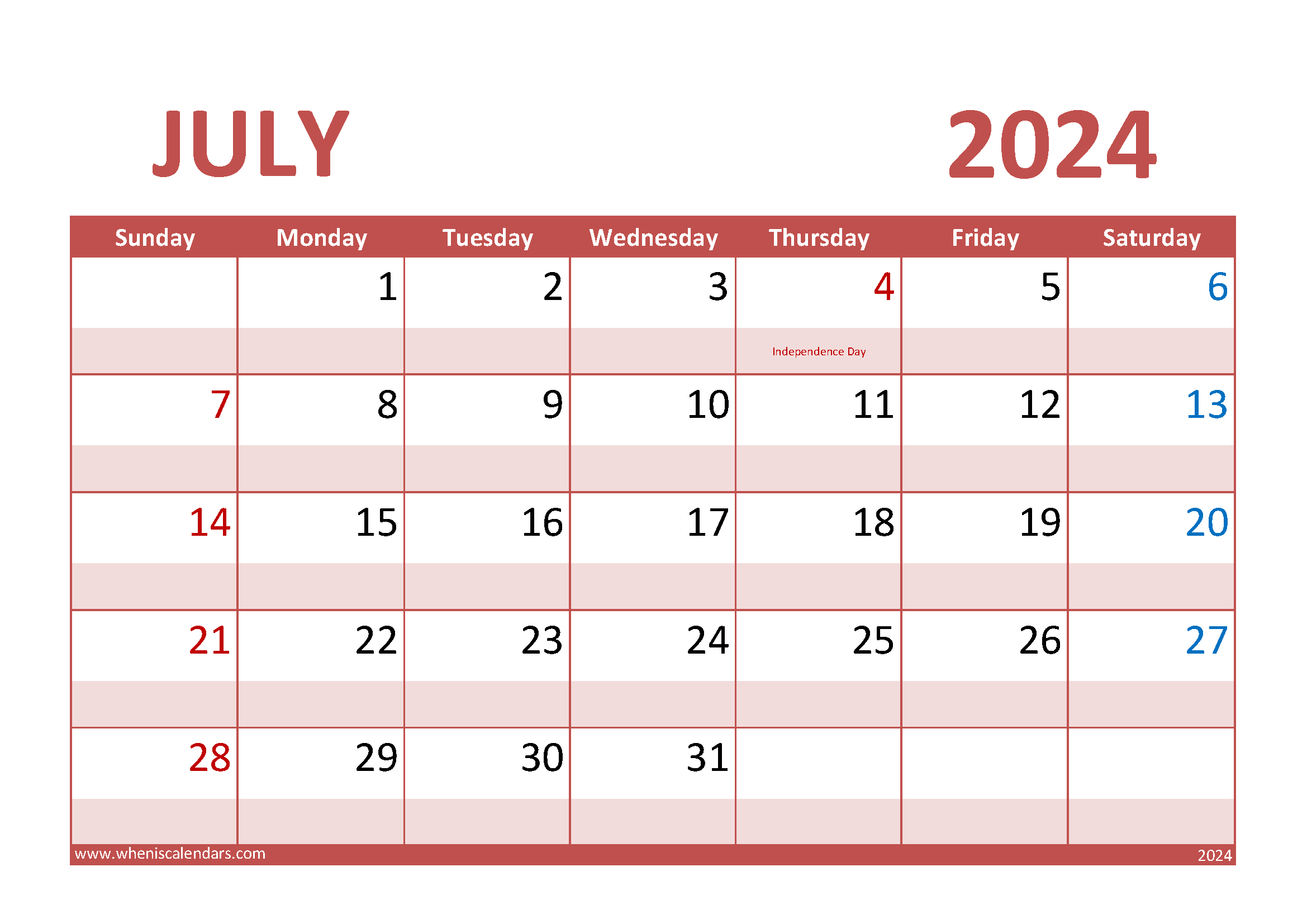 July Calendar 2024 Printable