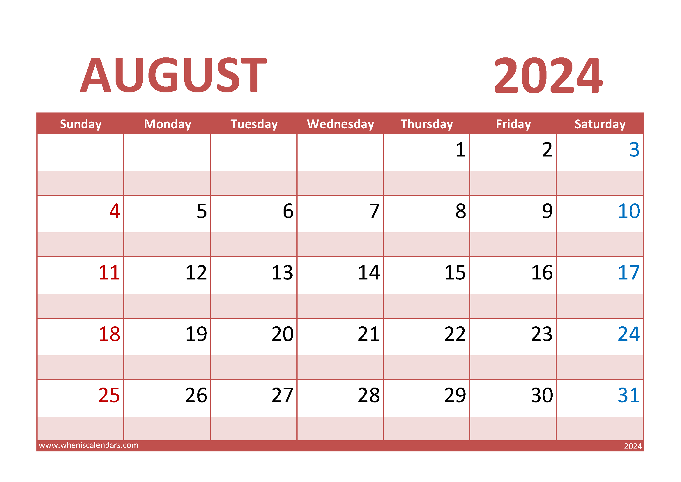 August Calendar 2024 Printable