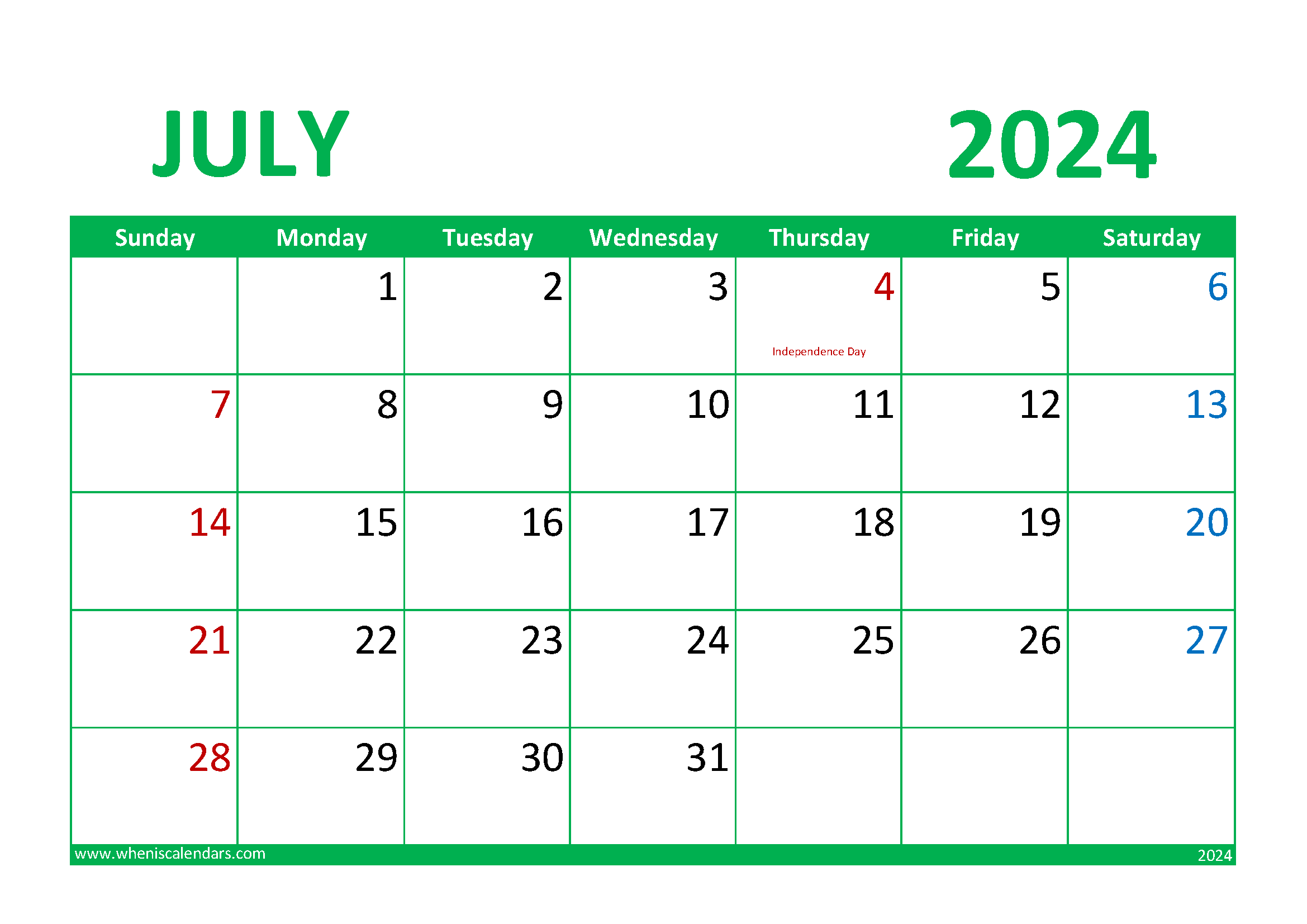 July 2024 Calendar Printable Free