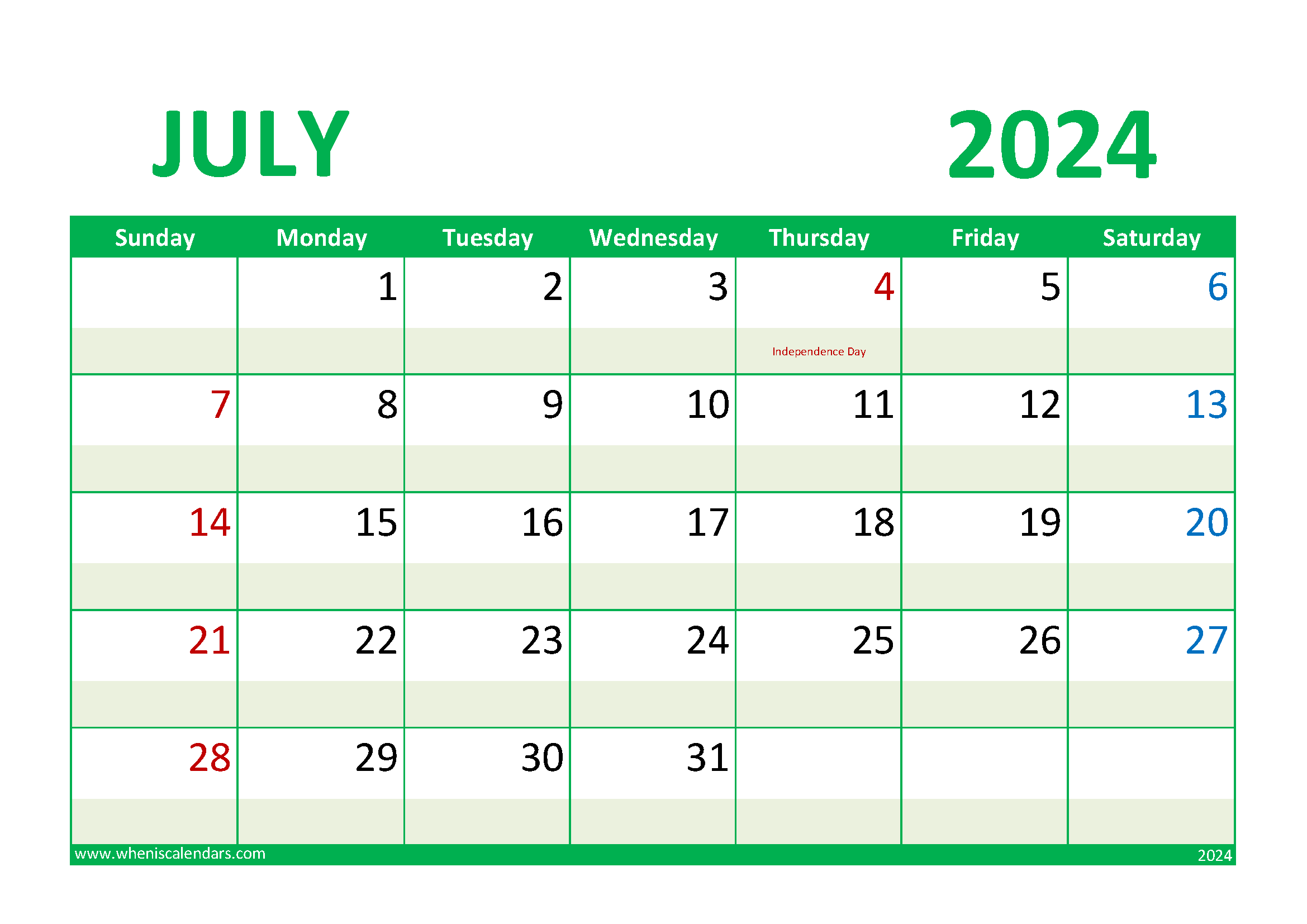 2024 July Calendar Holiday