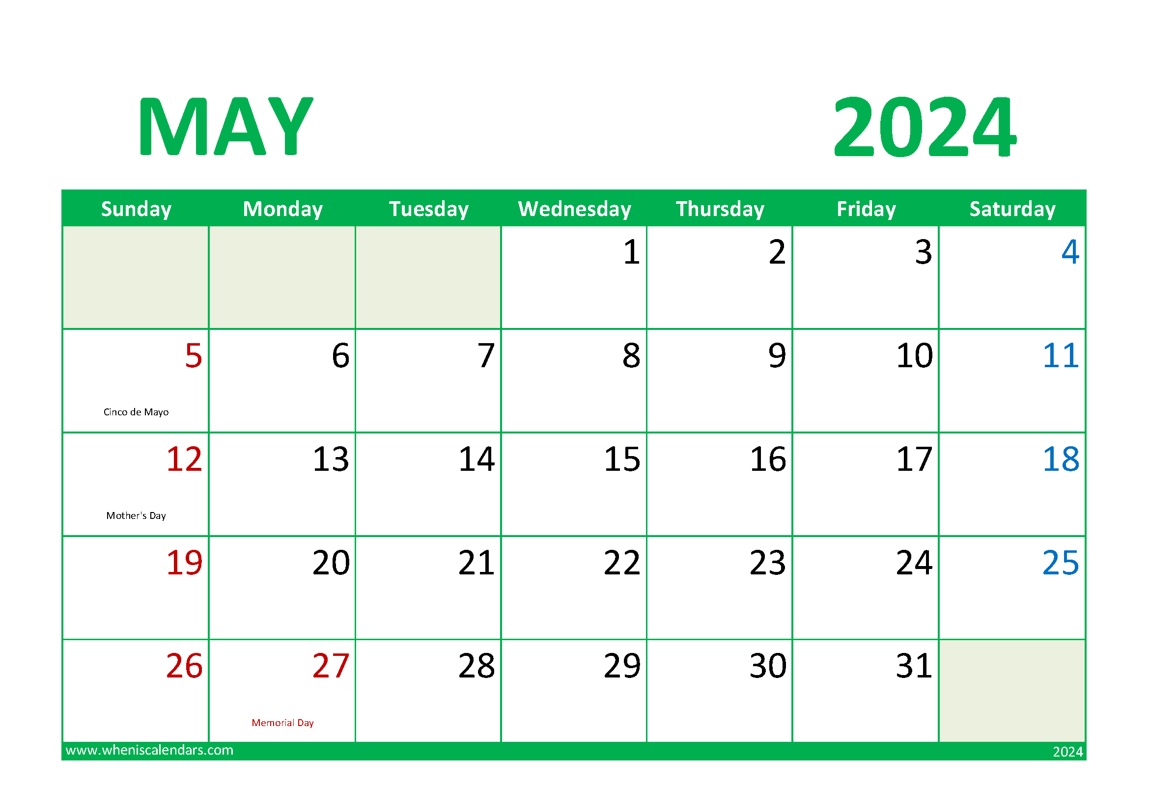 May 2024 Calendar Free Printable
