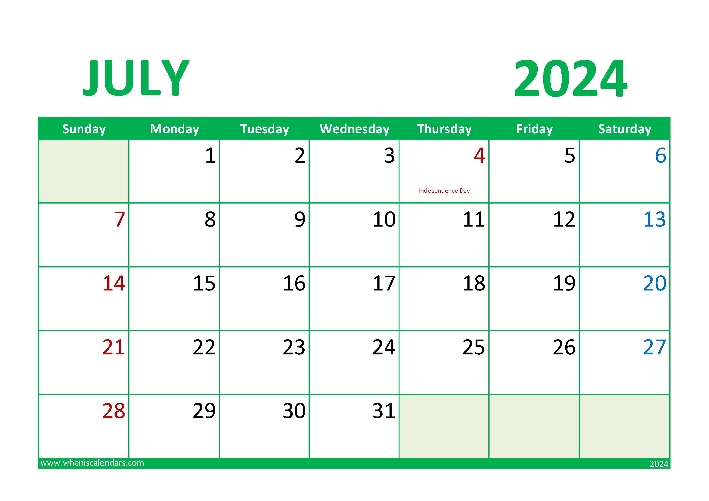 July 2024 Calendar Free Printable