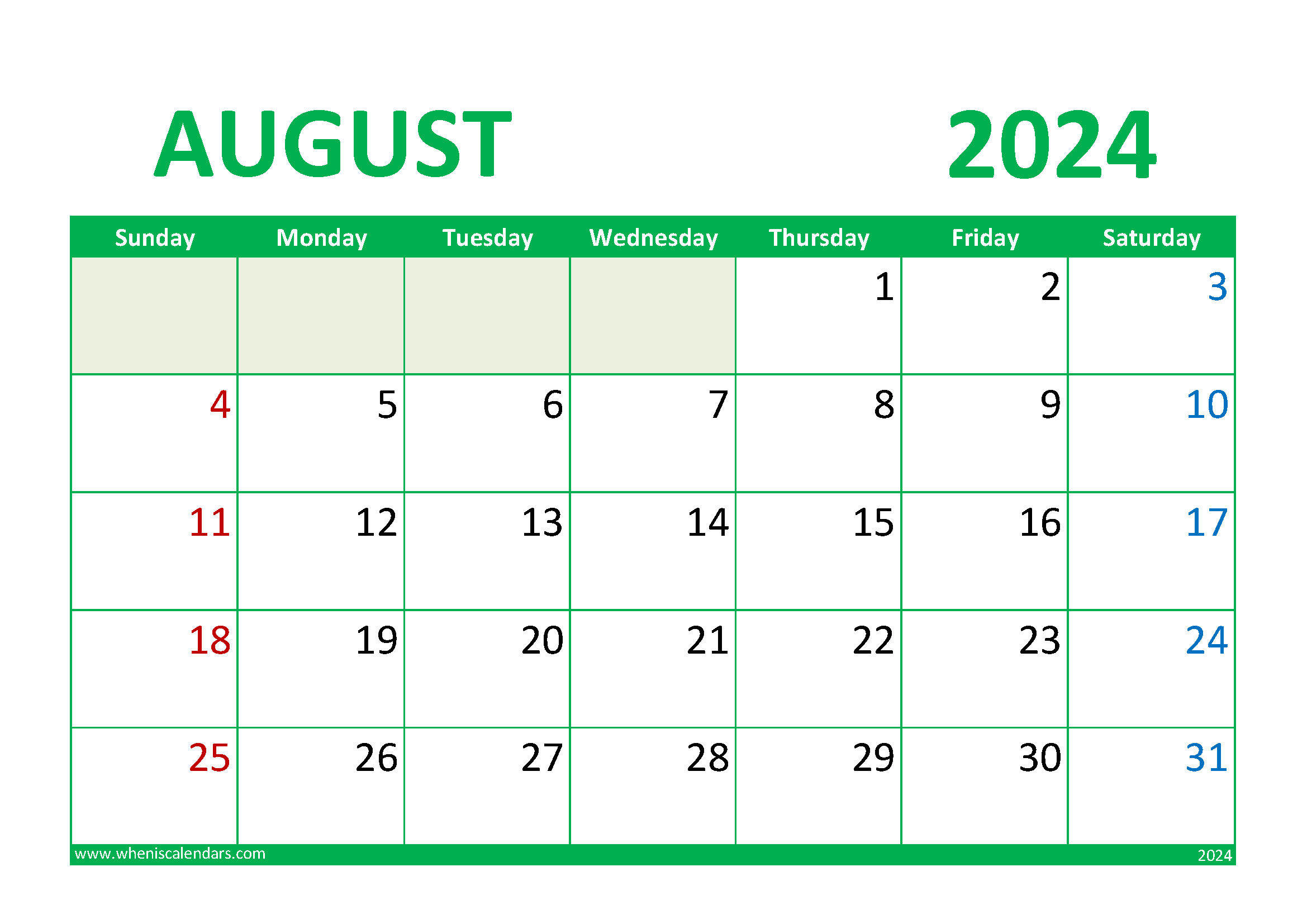August 2024 Calendar Free Printable