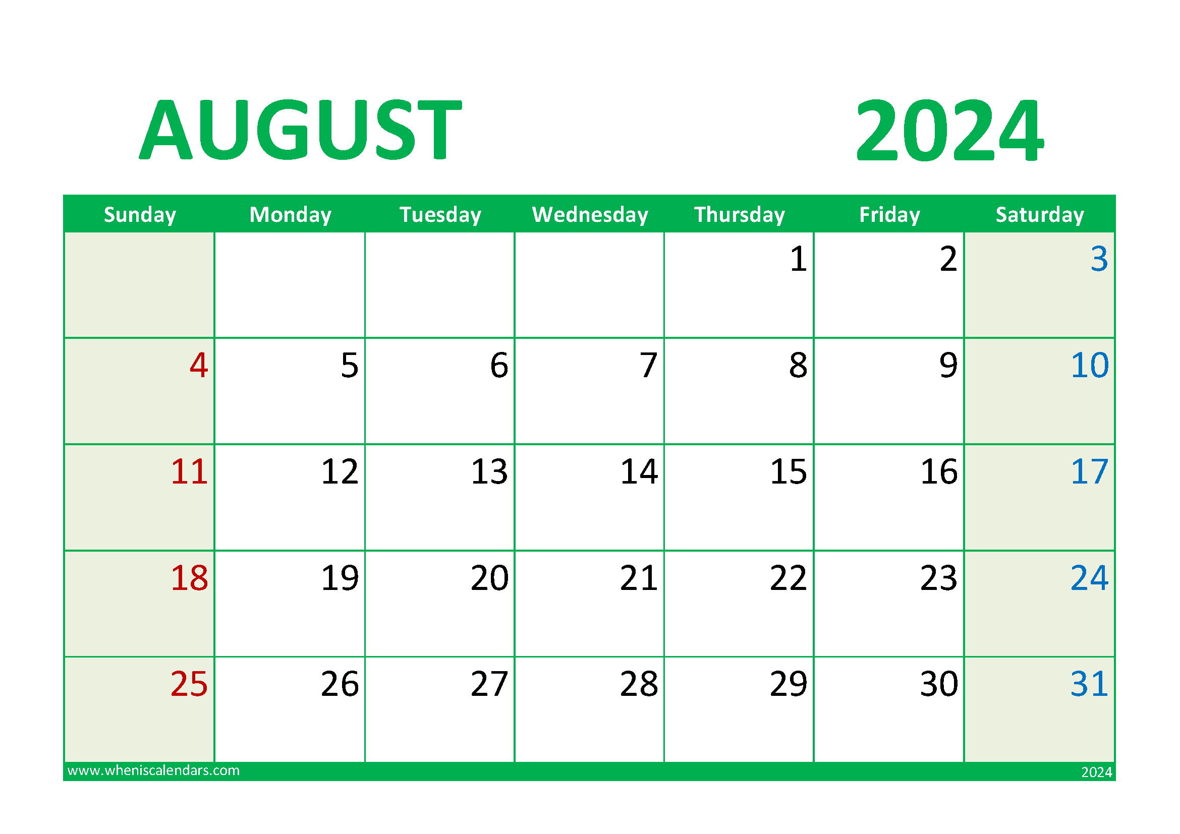 2024 August Calendar Printable