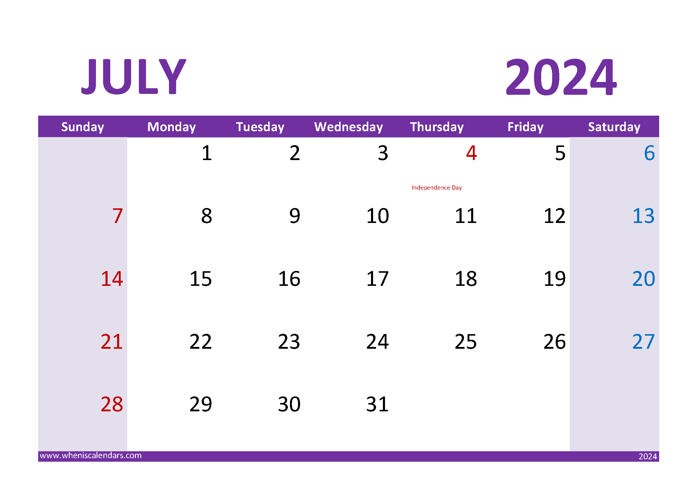 Print July 2024 Calendar