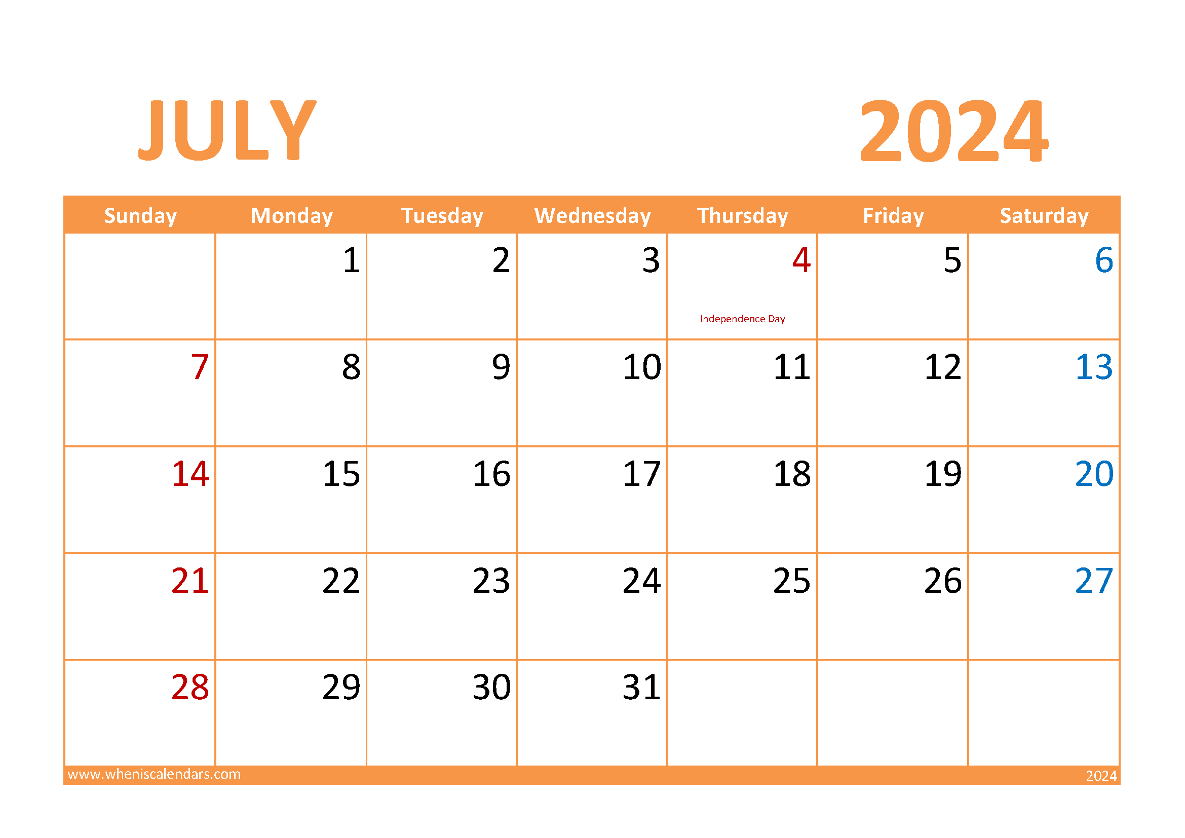 Printable July Calendar 2024