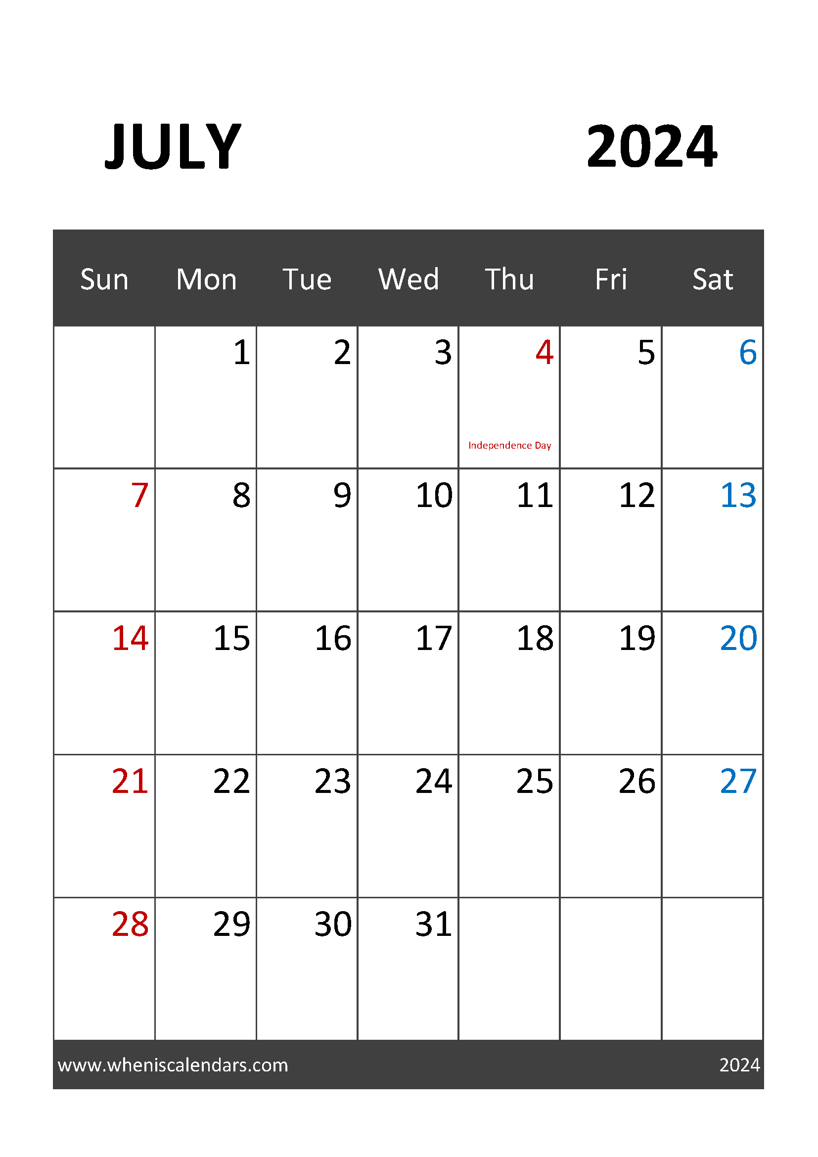 July 2024 Calendar Editable