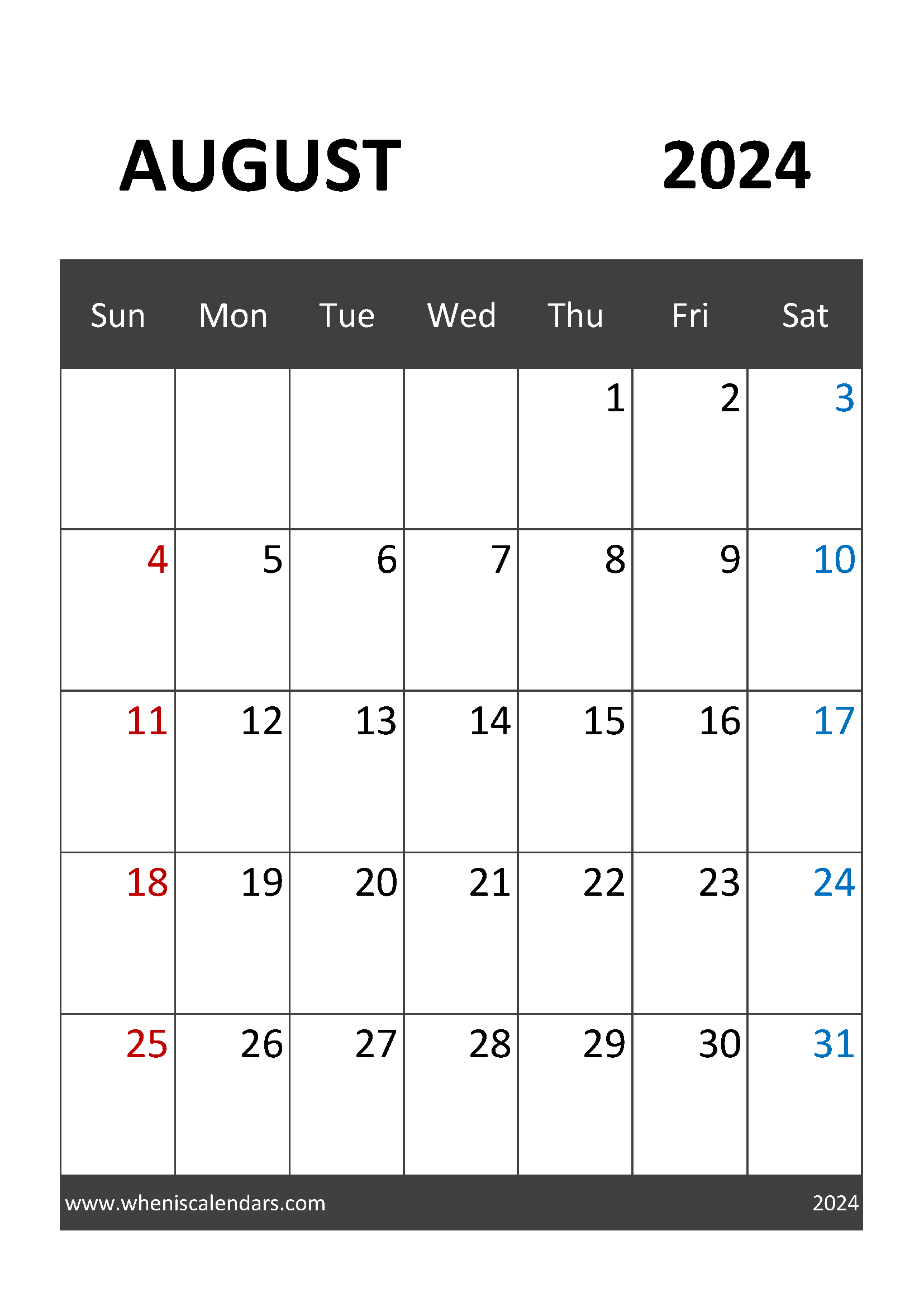 August 2024 Calendar Editable