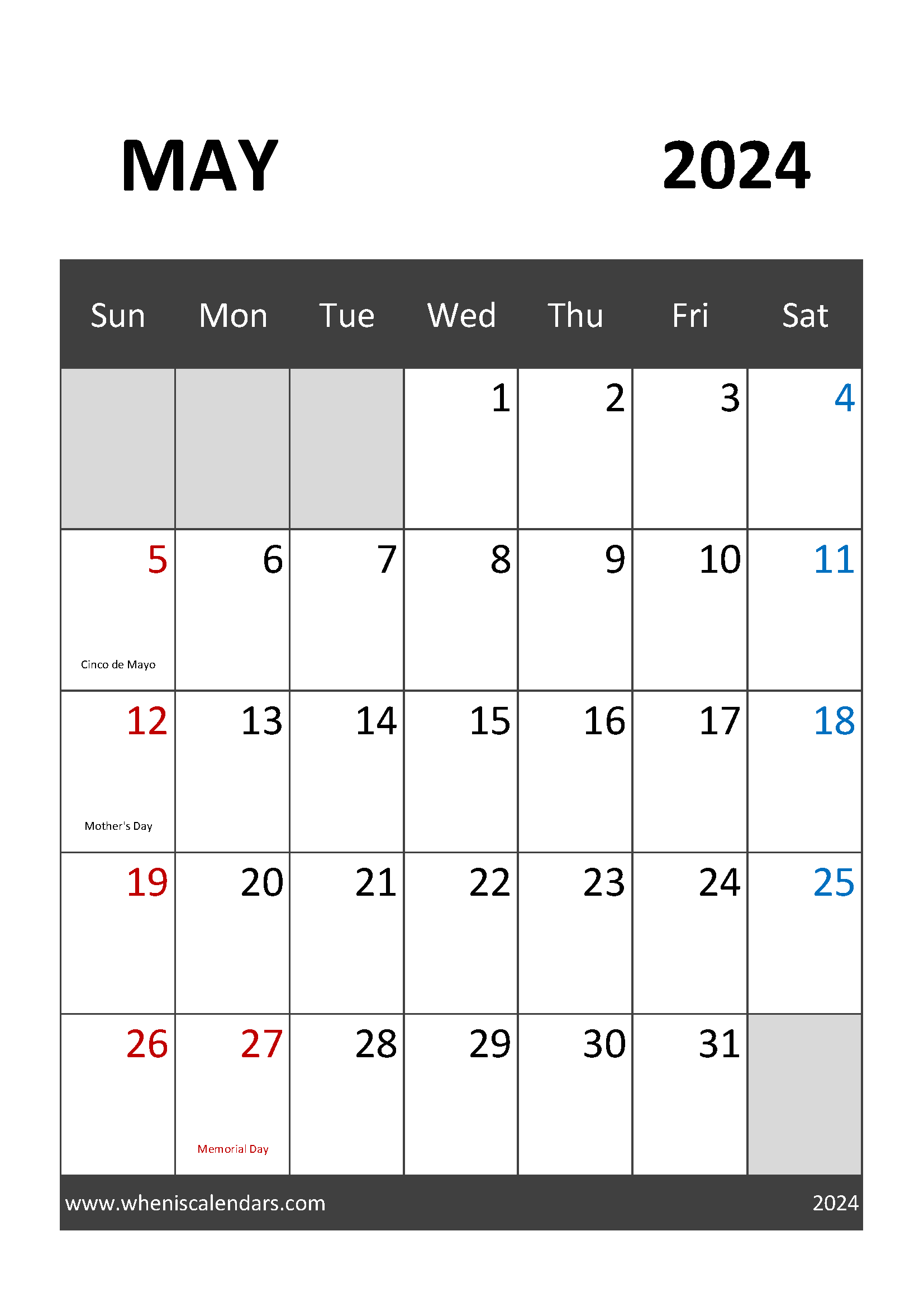 2024 May Calendar with Holidays