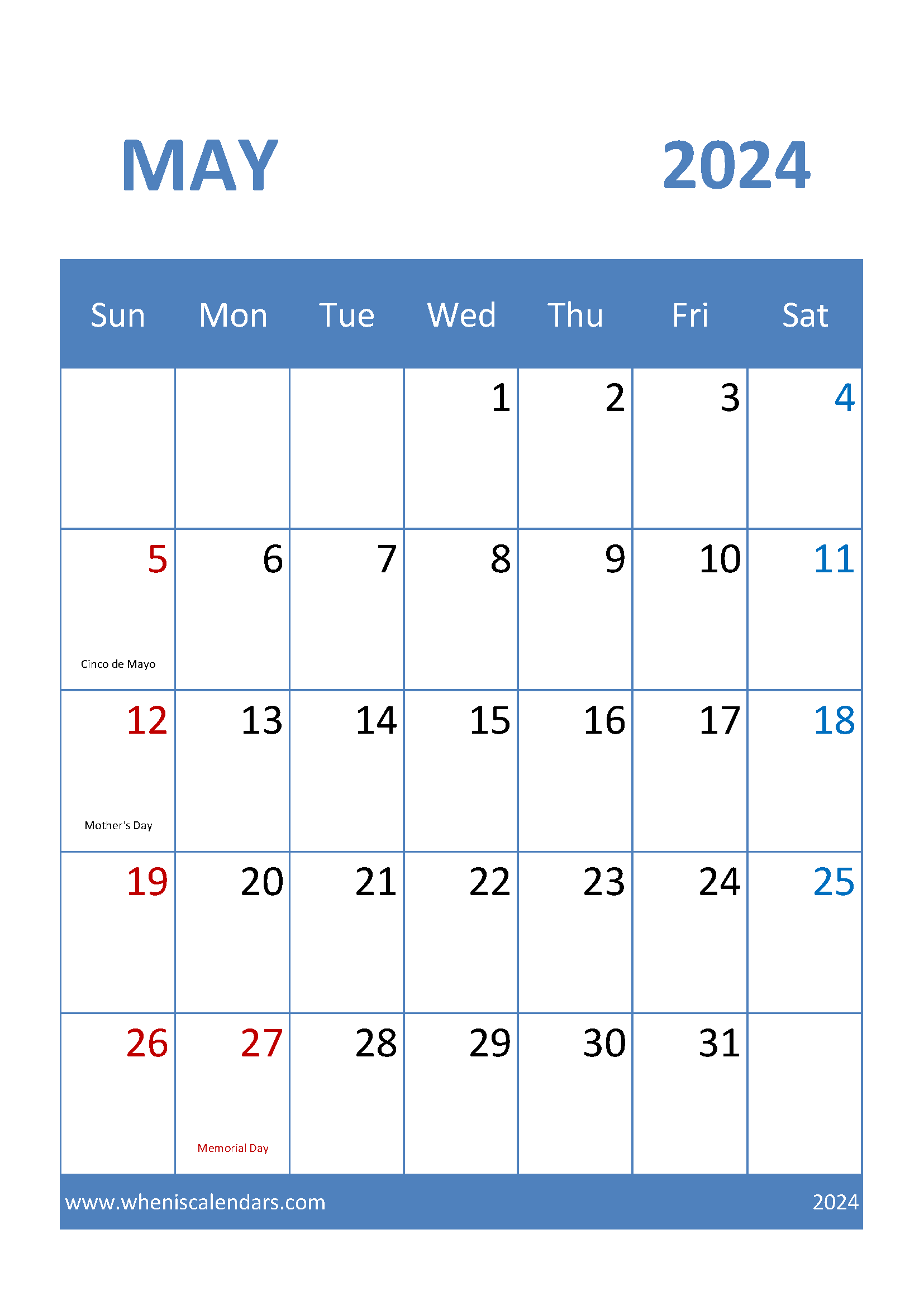 Calendar for May 2024 Printable