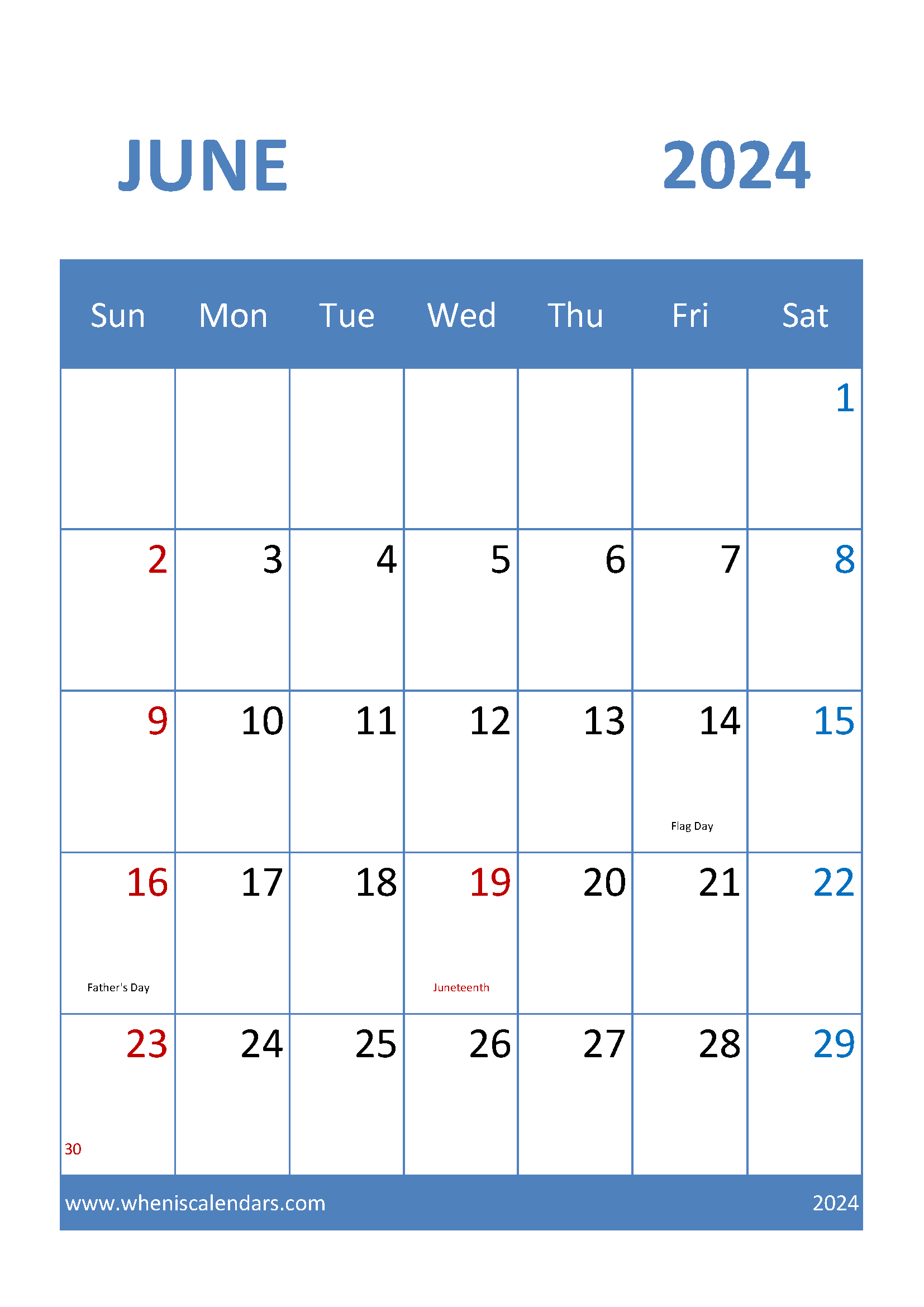 Calendar for June 2024 Printable