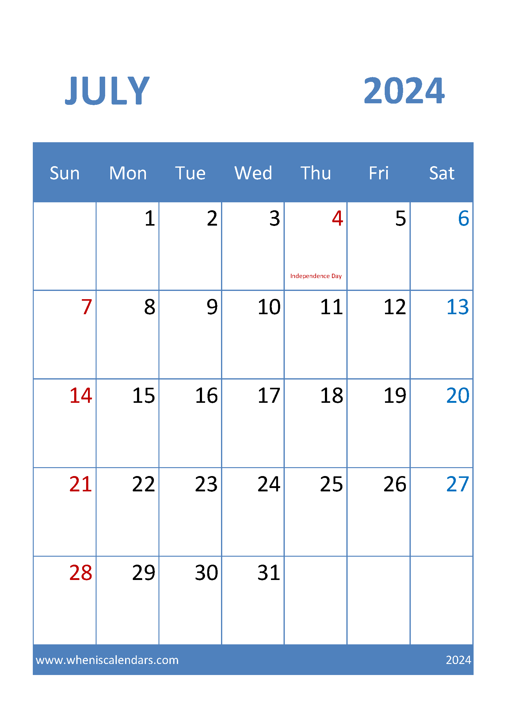 Calendar for July 2024 Printable