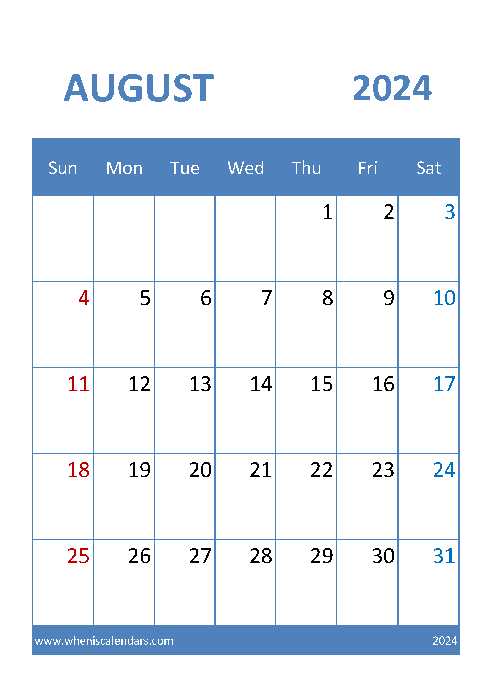 Calendar for August 2024 Printable