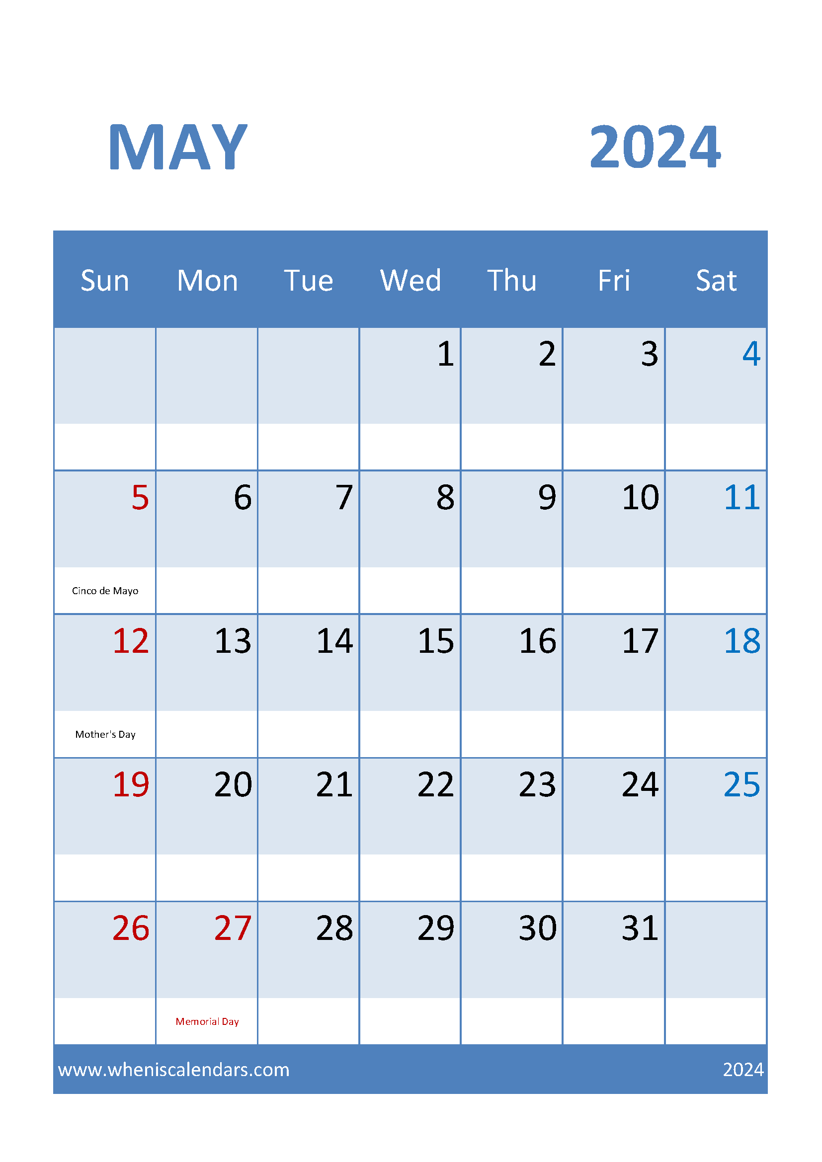 Printable Monthly Calendar May 2024