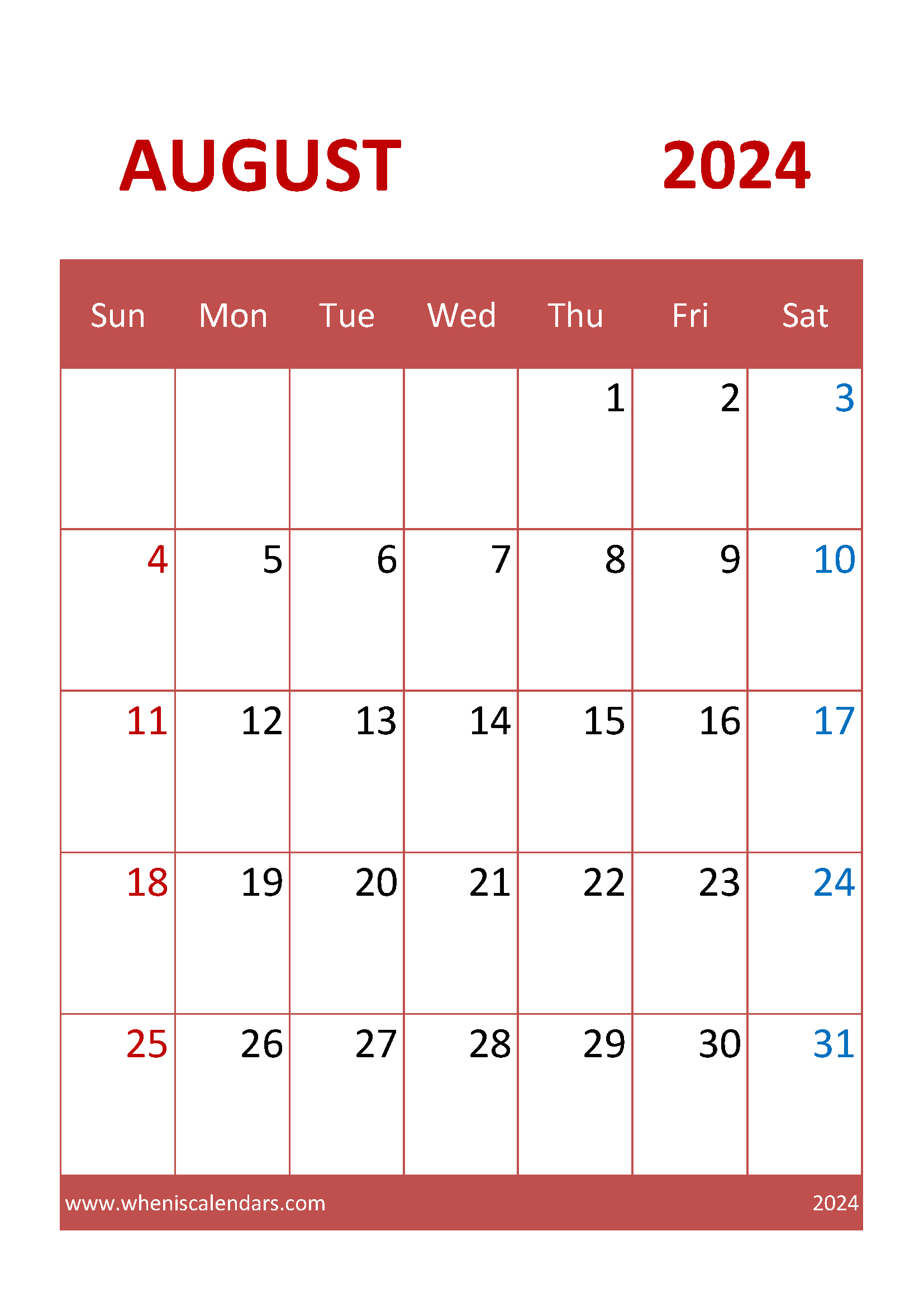 August 2024 Calendar Free