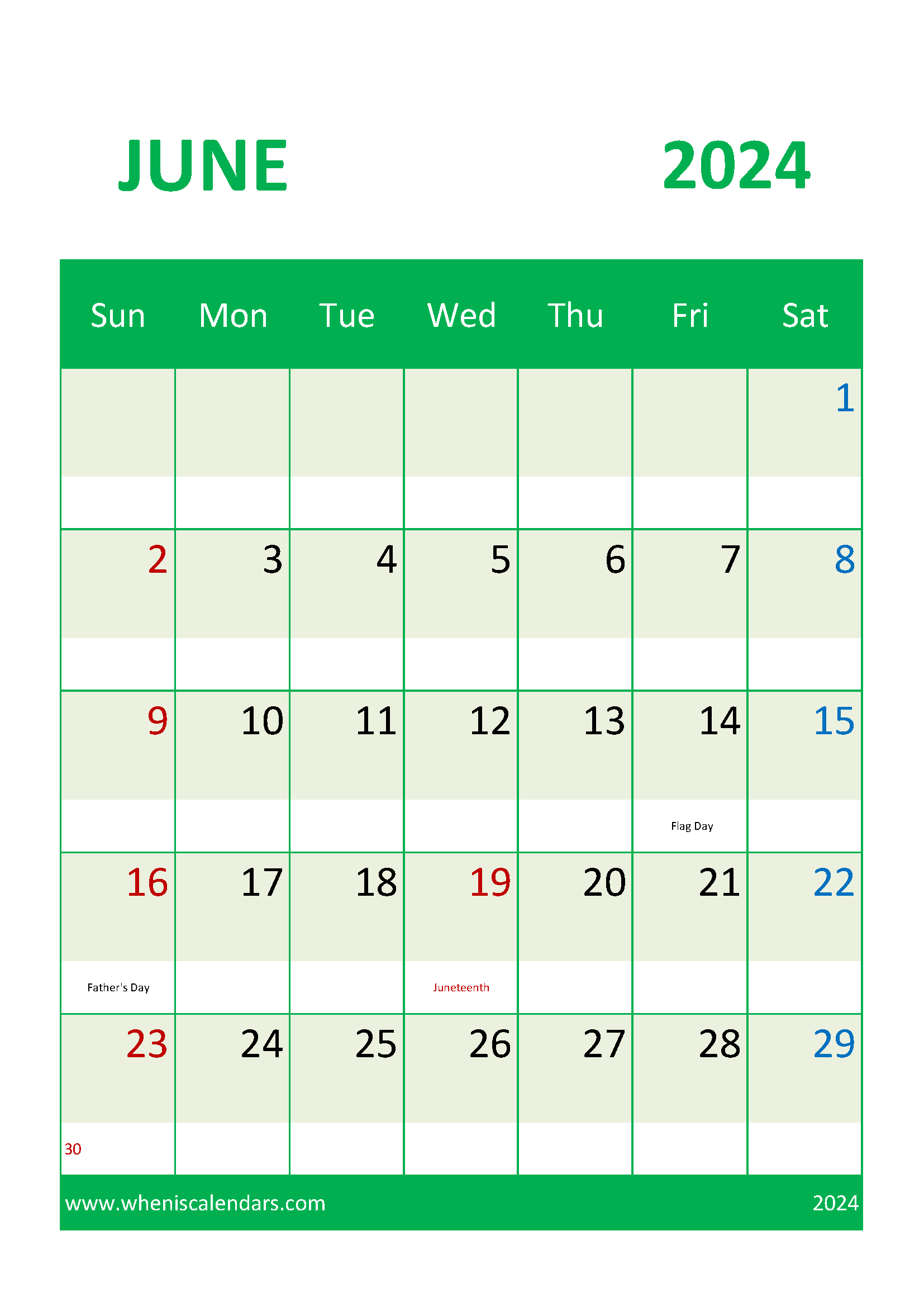 Free Printable June 2024 Calendar with Holidays