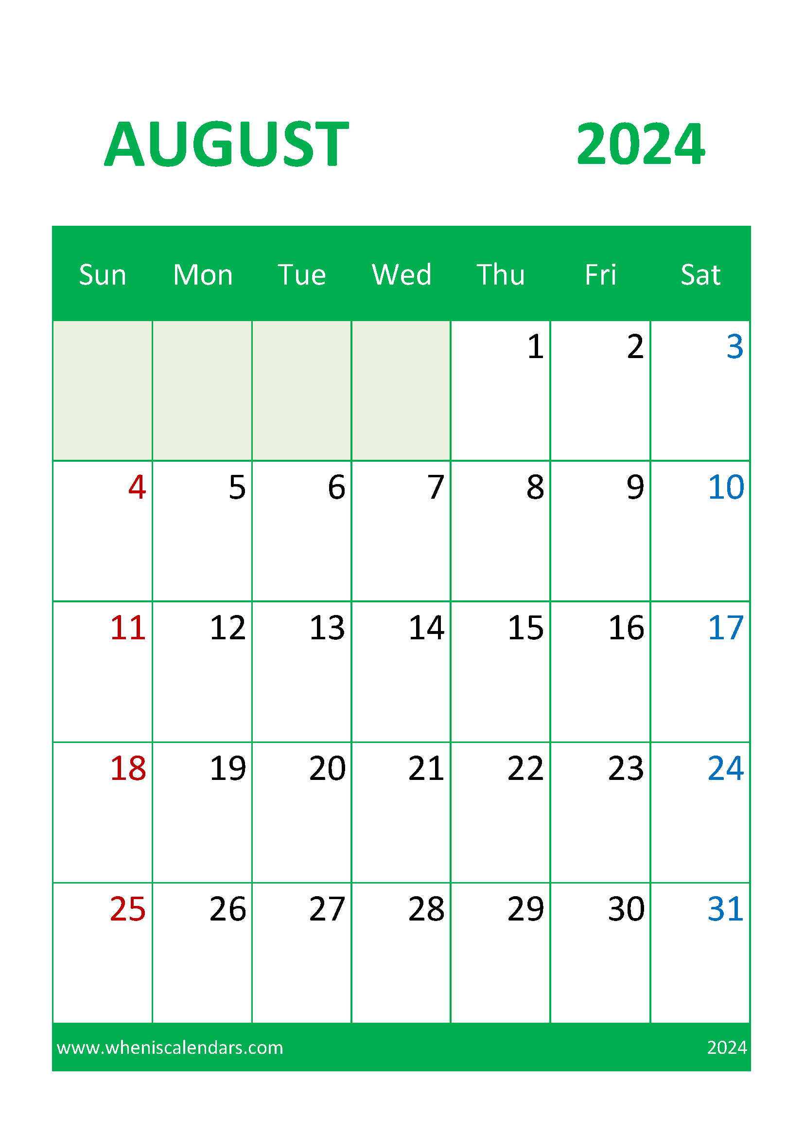 August Calendar Printable 2024