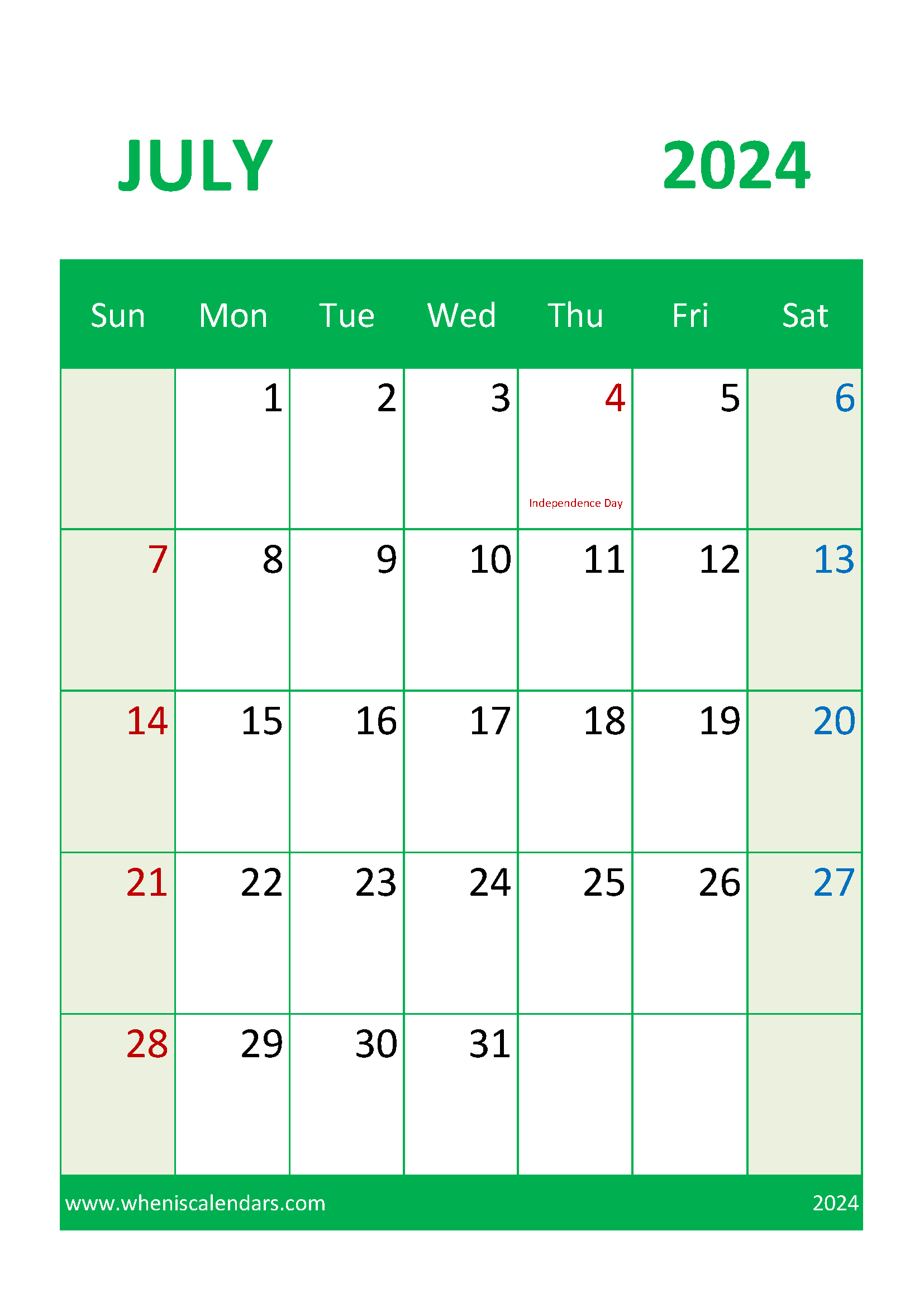 Free Printable Calendar 2024 July