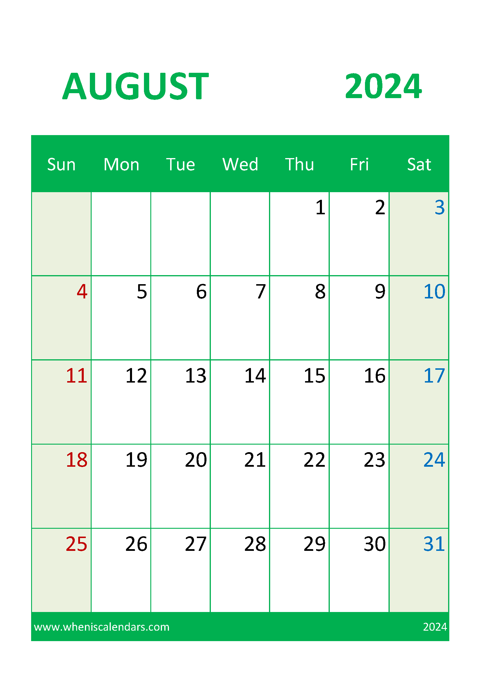 Free Printable Calendar 2024 August