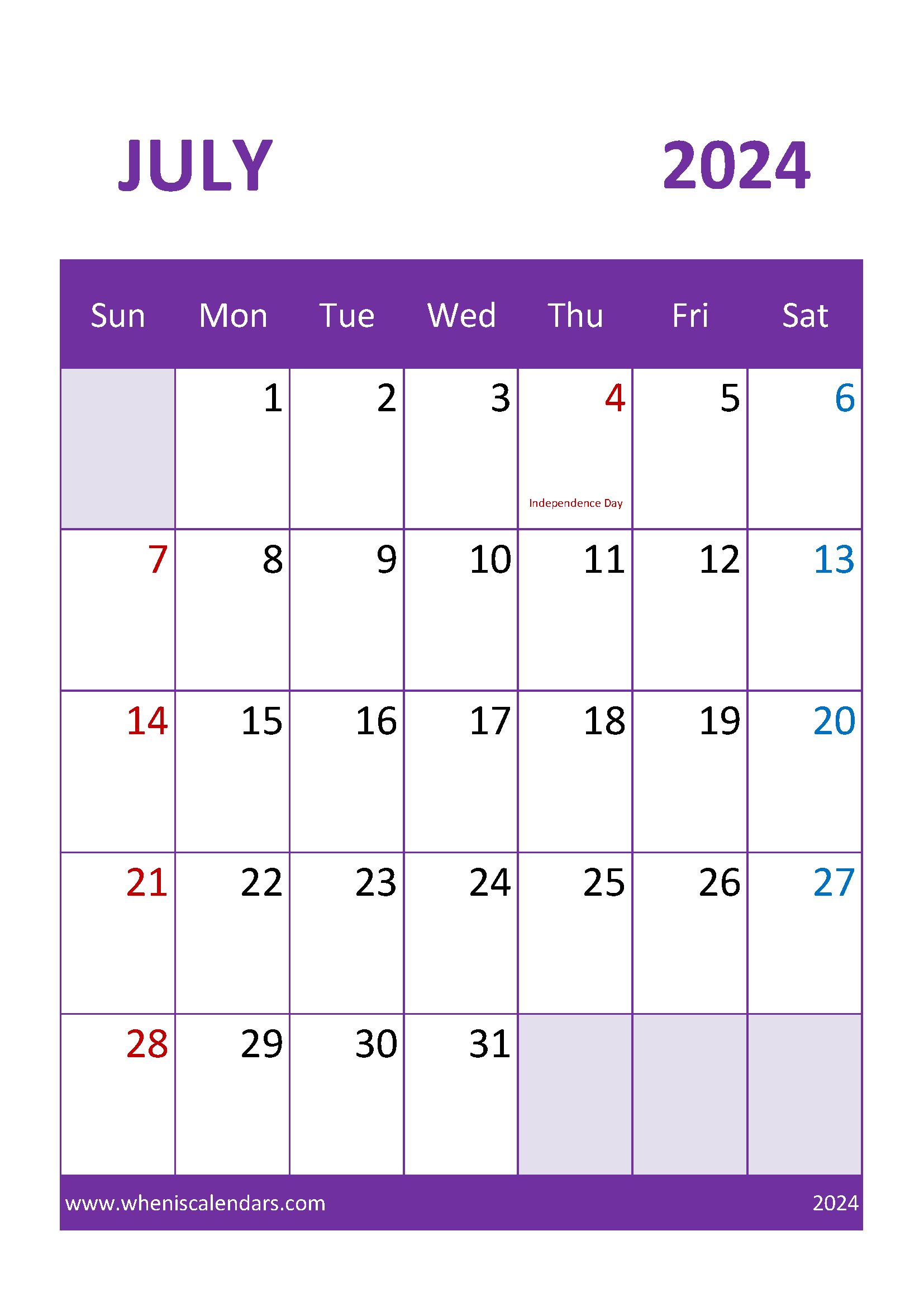 July Calendar Template 2024