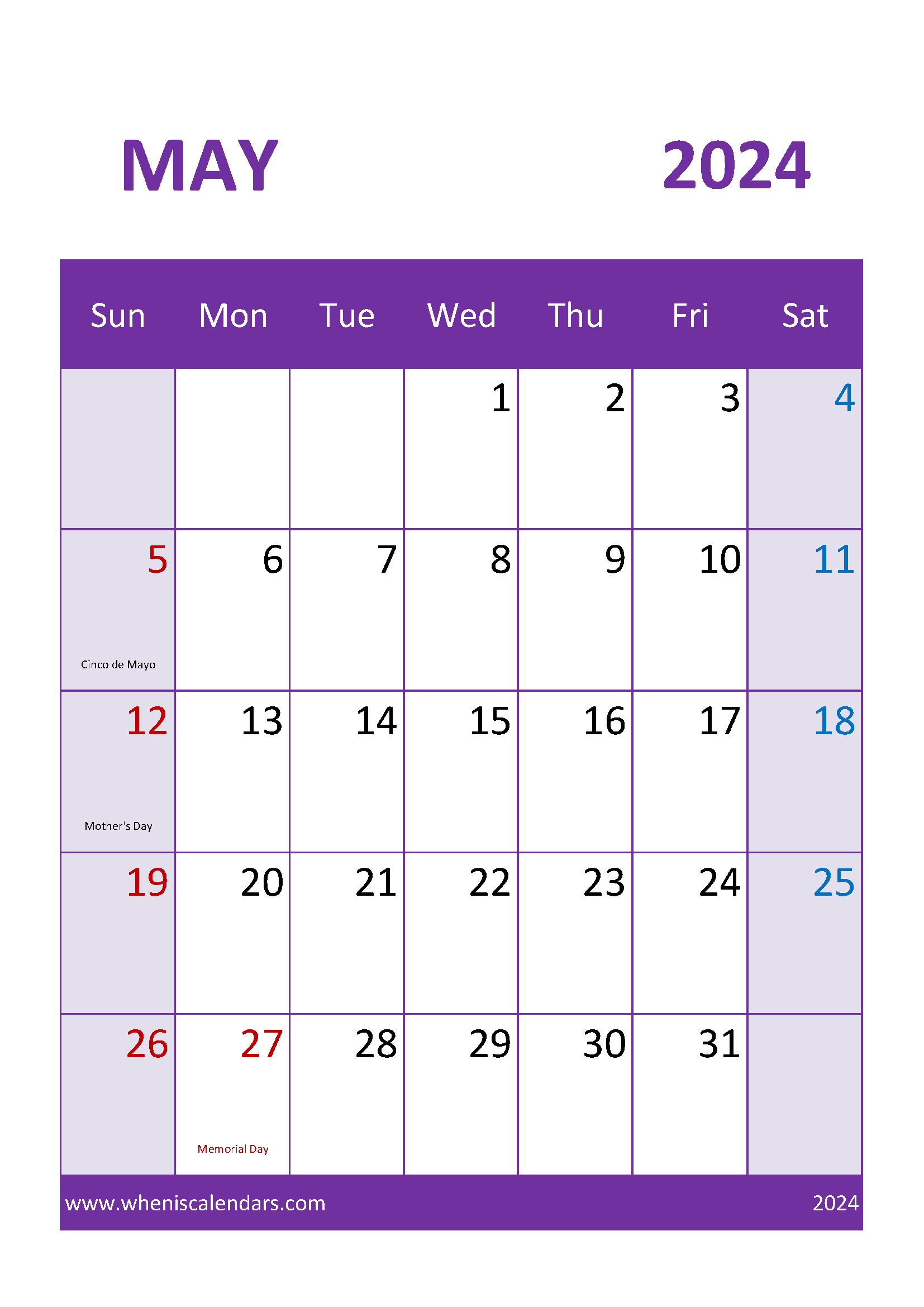 Month of May 2024 Printable Calendar