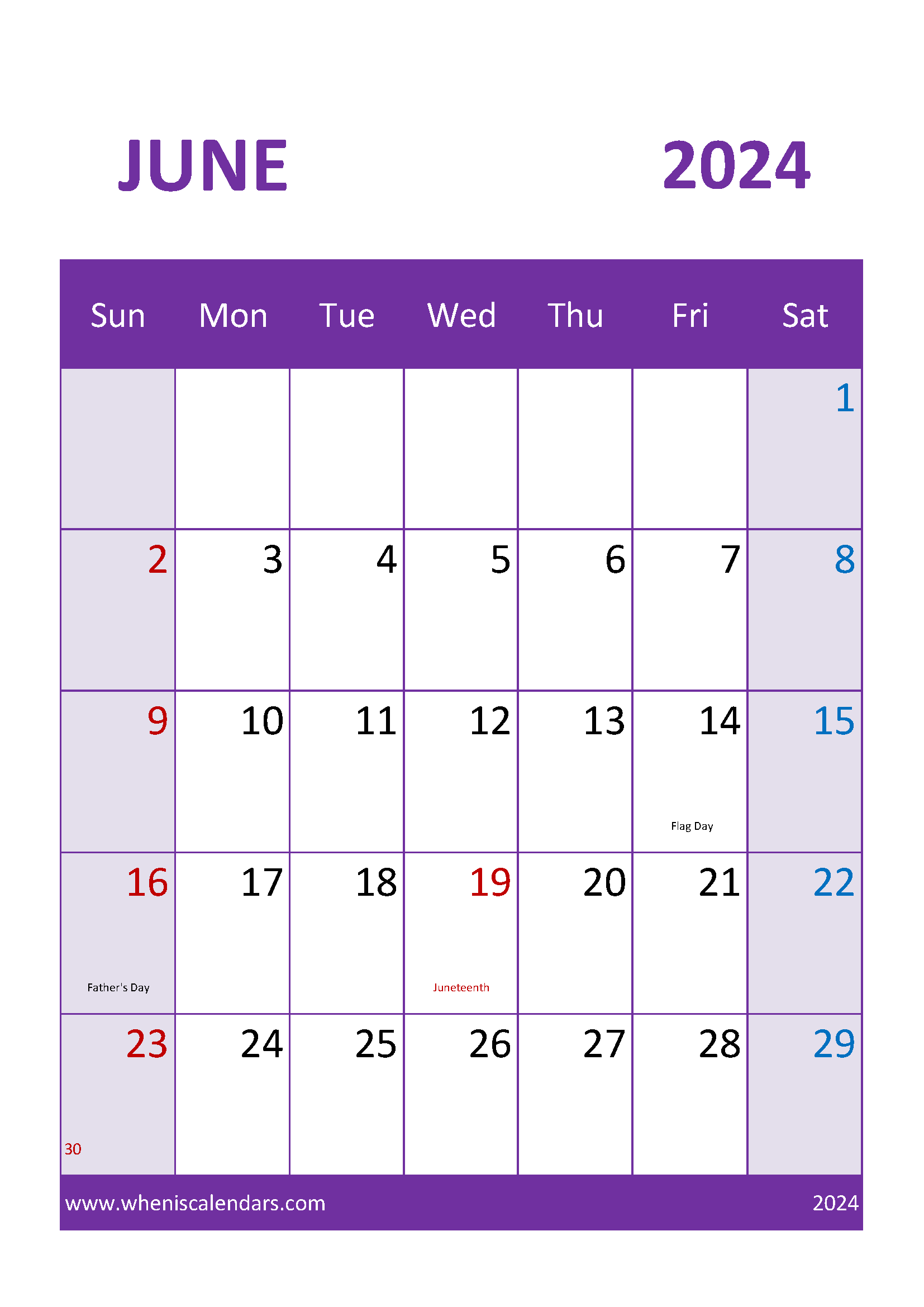 Month of June 2024 Printable Calendar