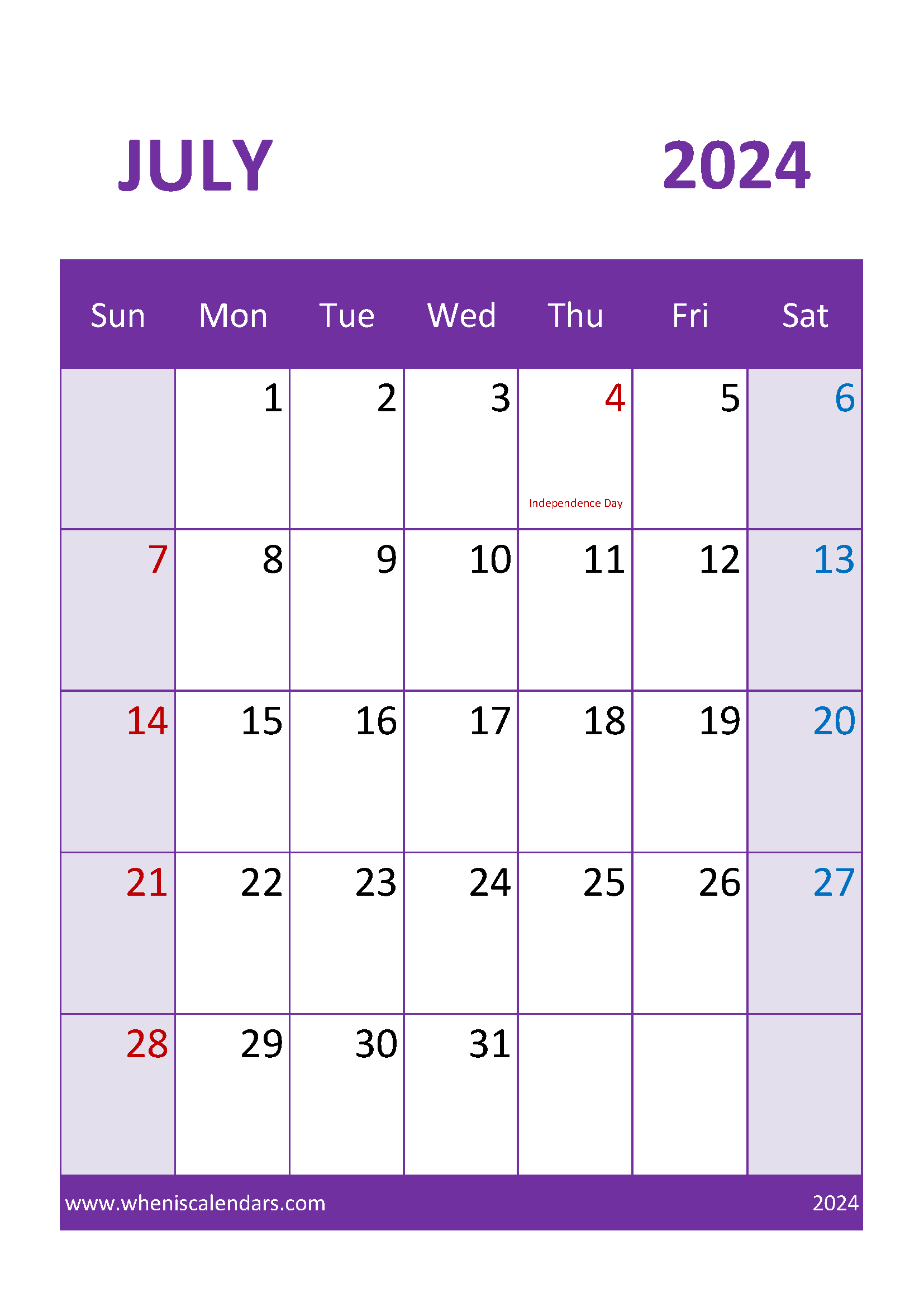 Month of July 2024 Printable Calendar