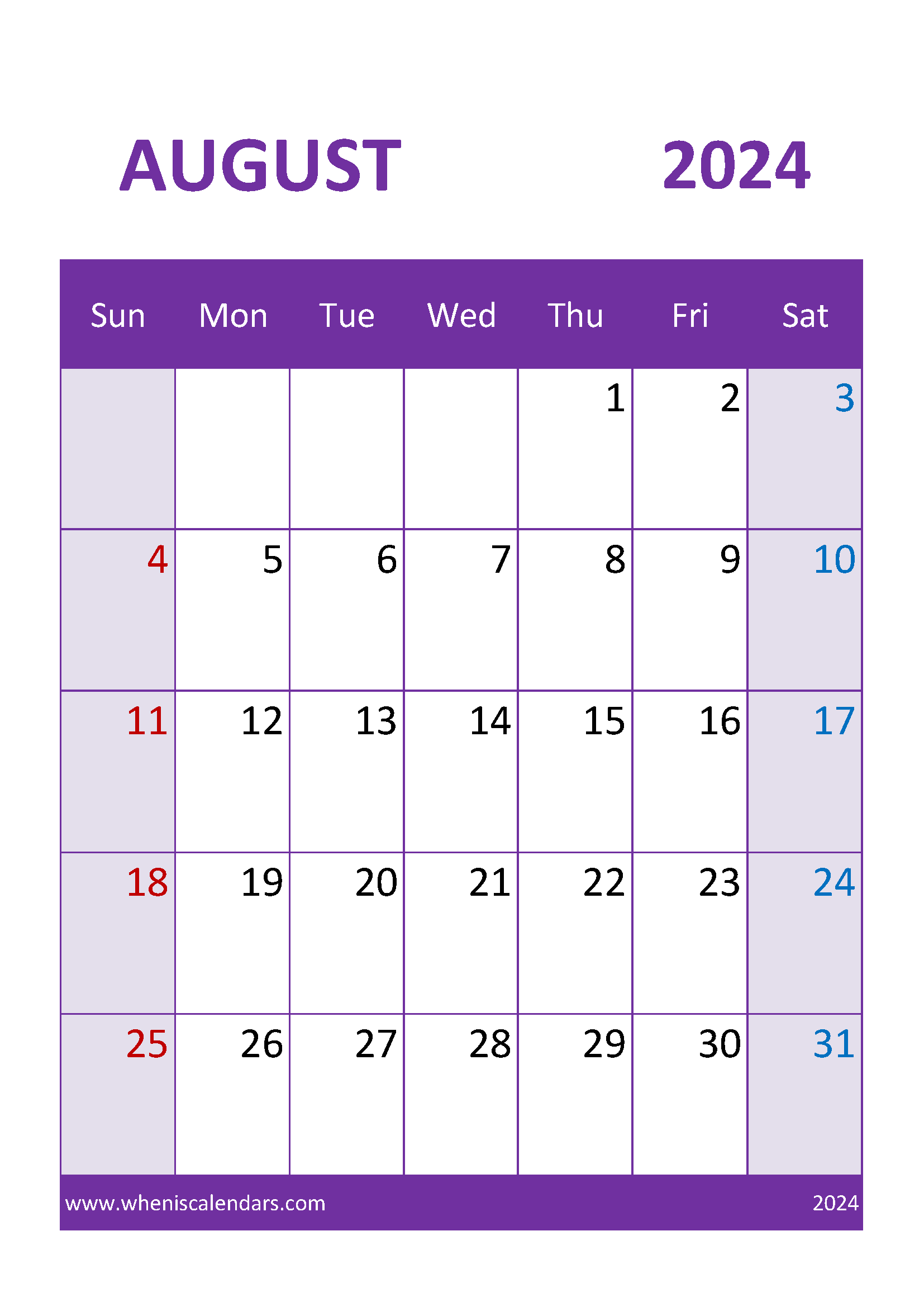 Month of August 2024 Printable Calendar