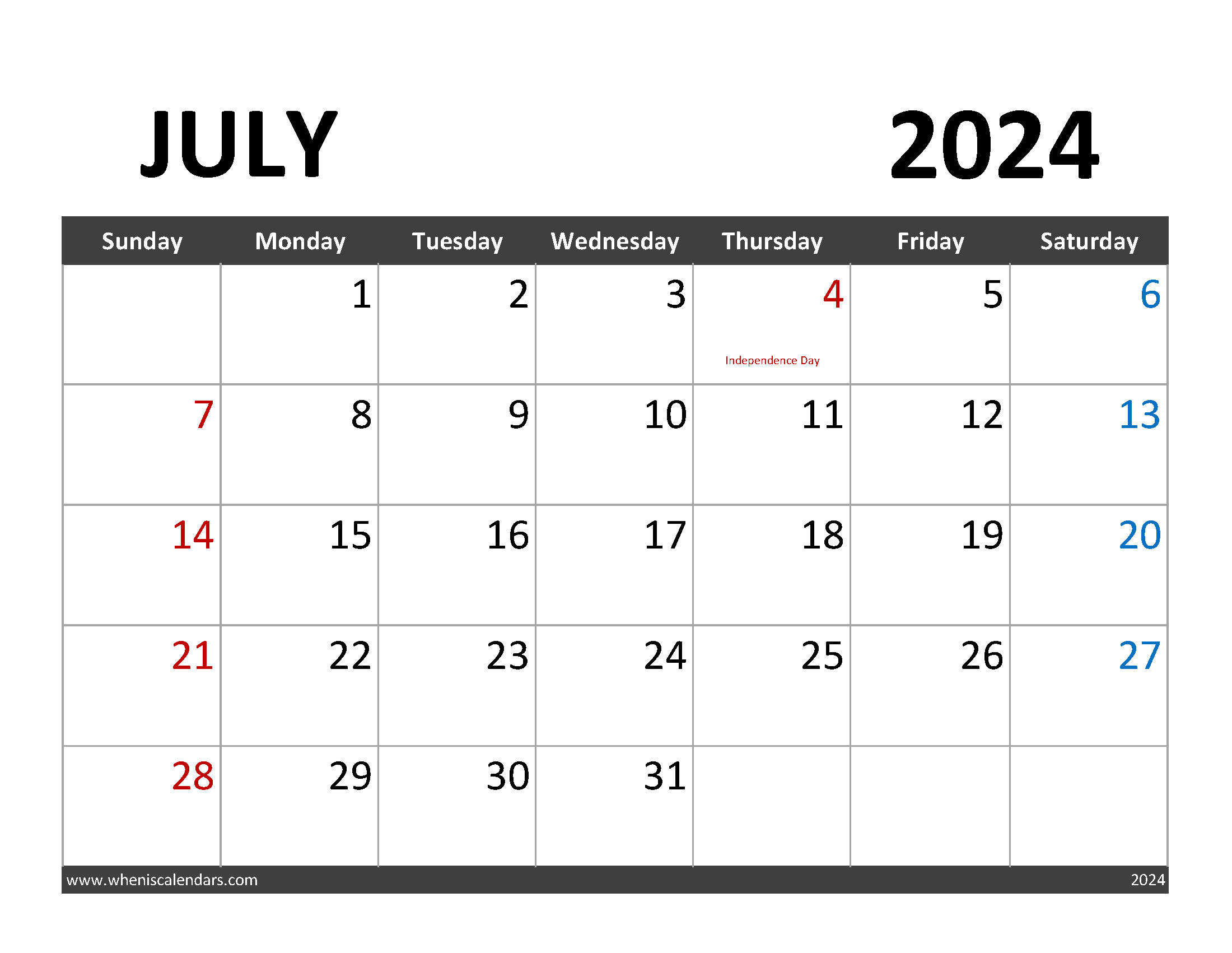 Free July Calendar 2024