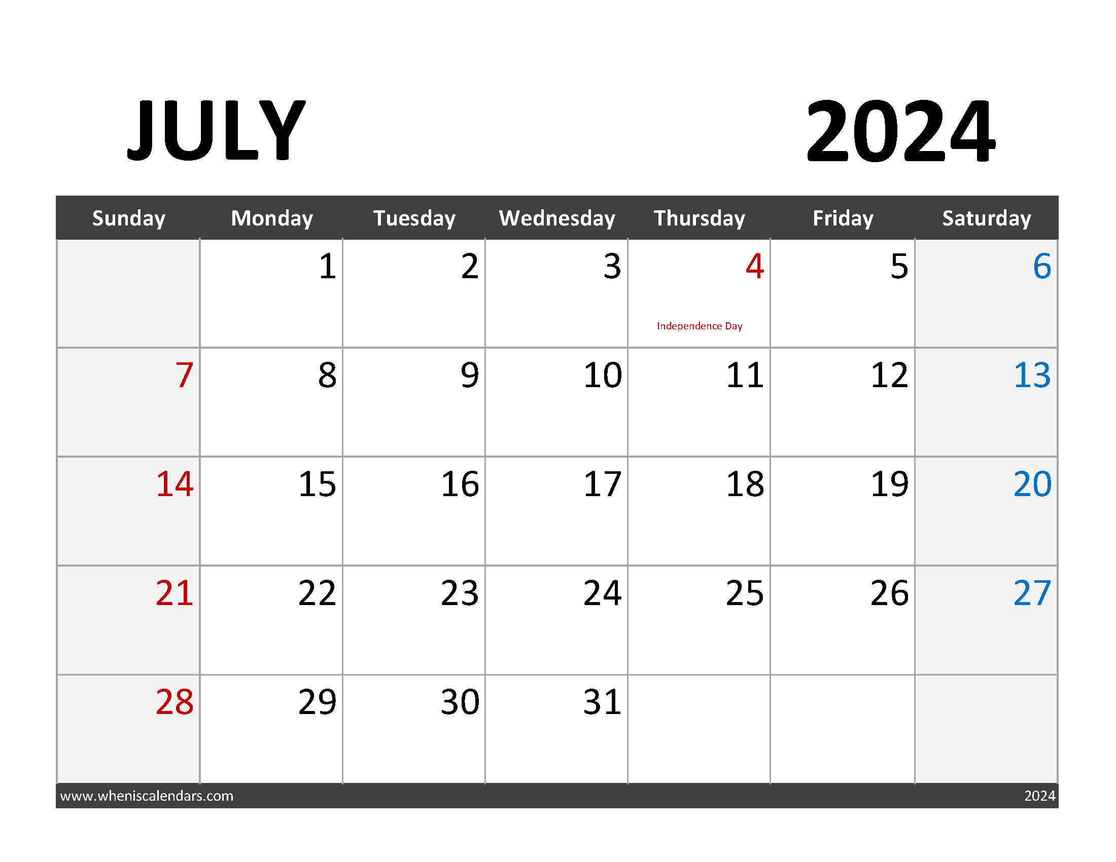 Editable Calendar July 2024