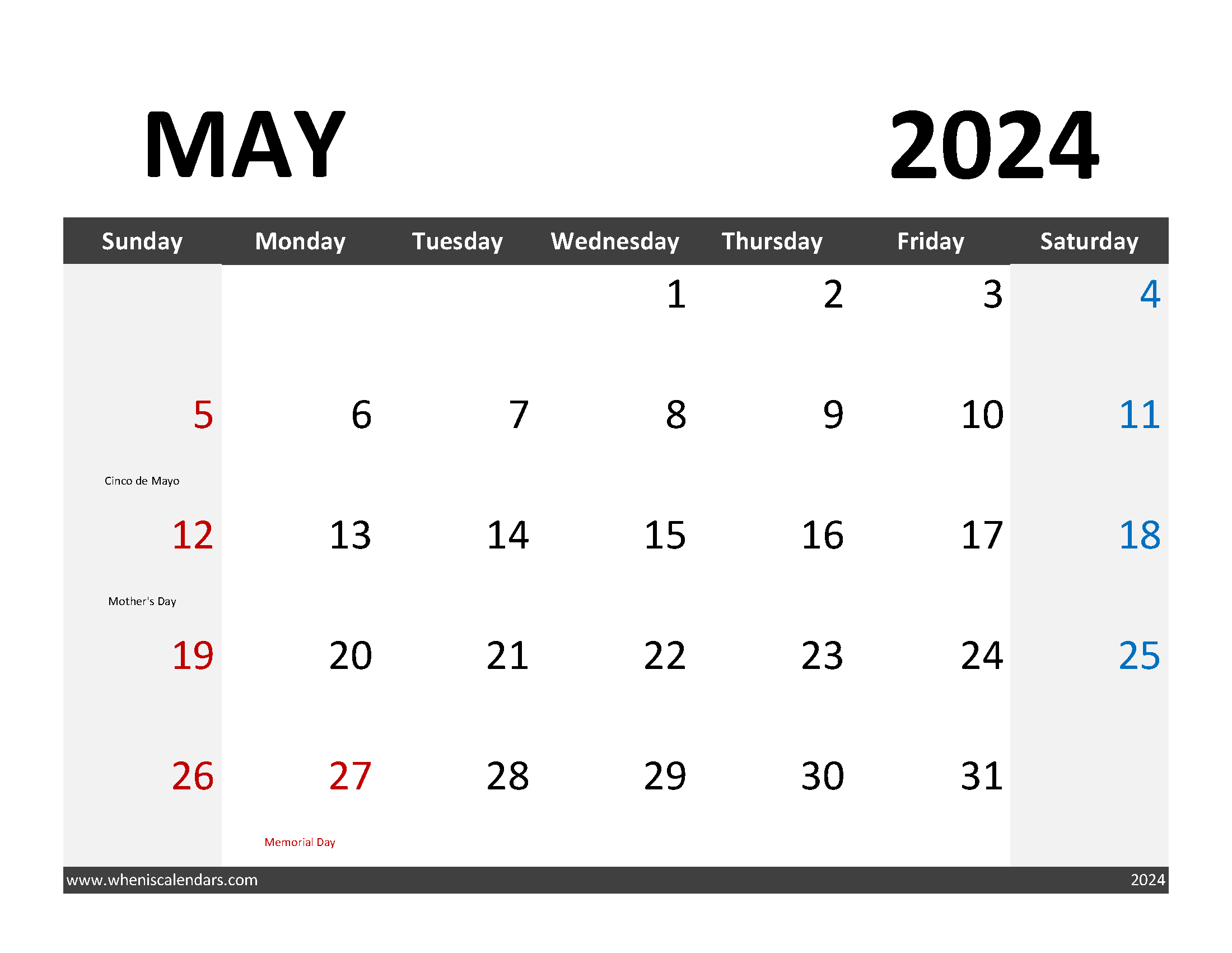 Blank May 2024 Calendar Free Printable