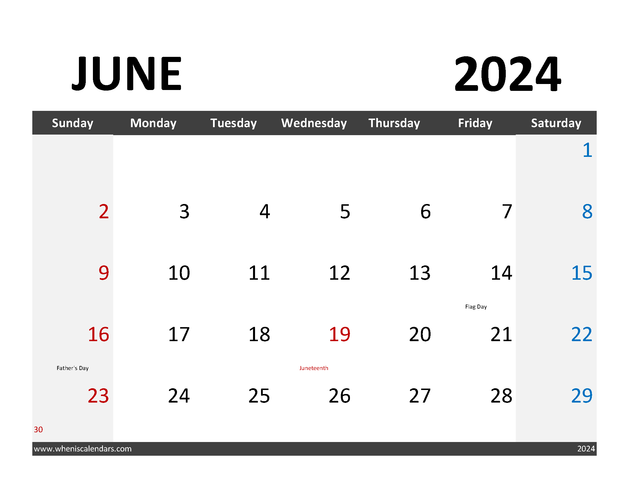 Blank June 2024 Calendar Free Printable