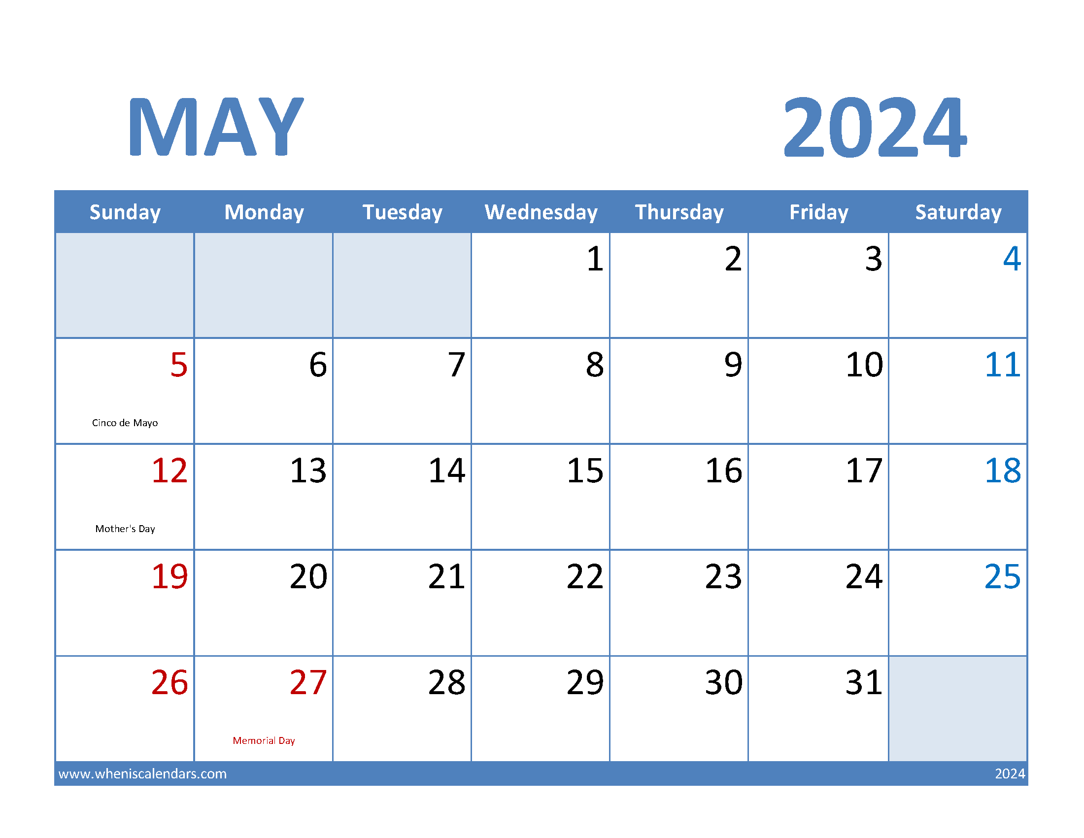 May 2024 Monthly Calendar Printable