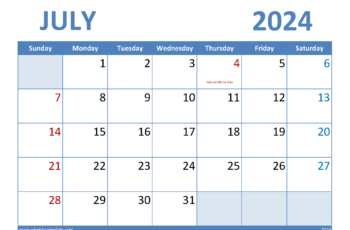 July 2024 Monthly Calendar Printable