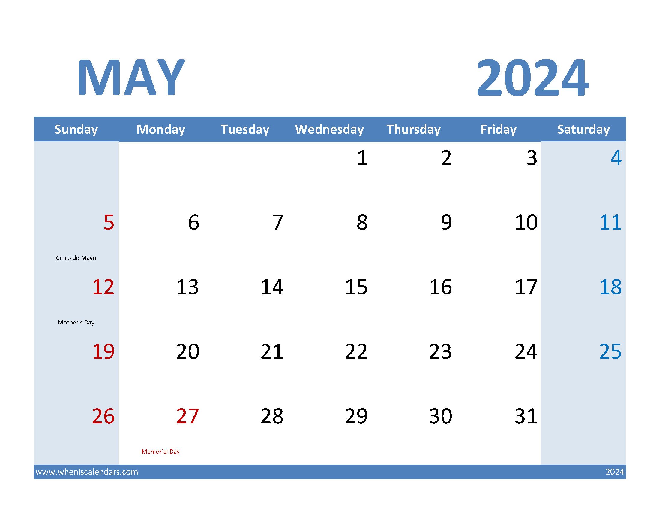 Blank Calendar Template May 2024
