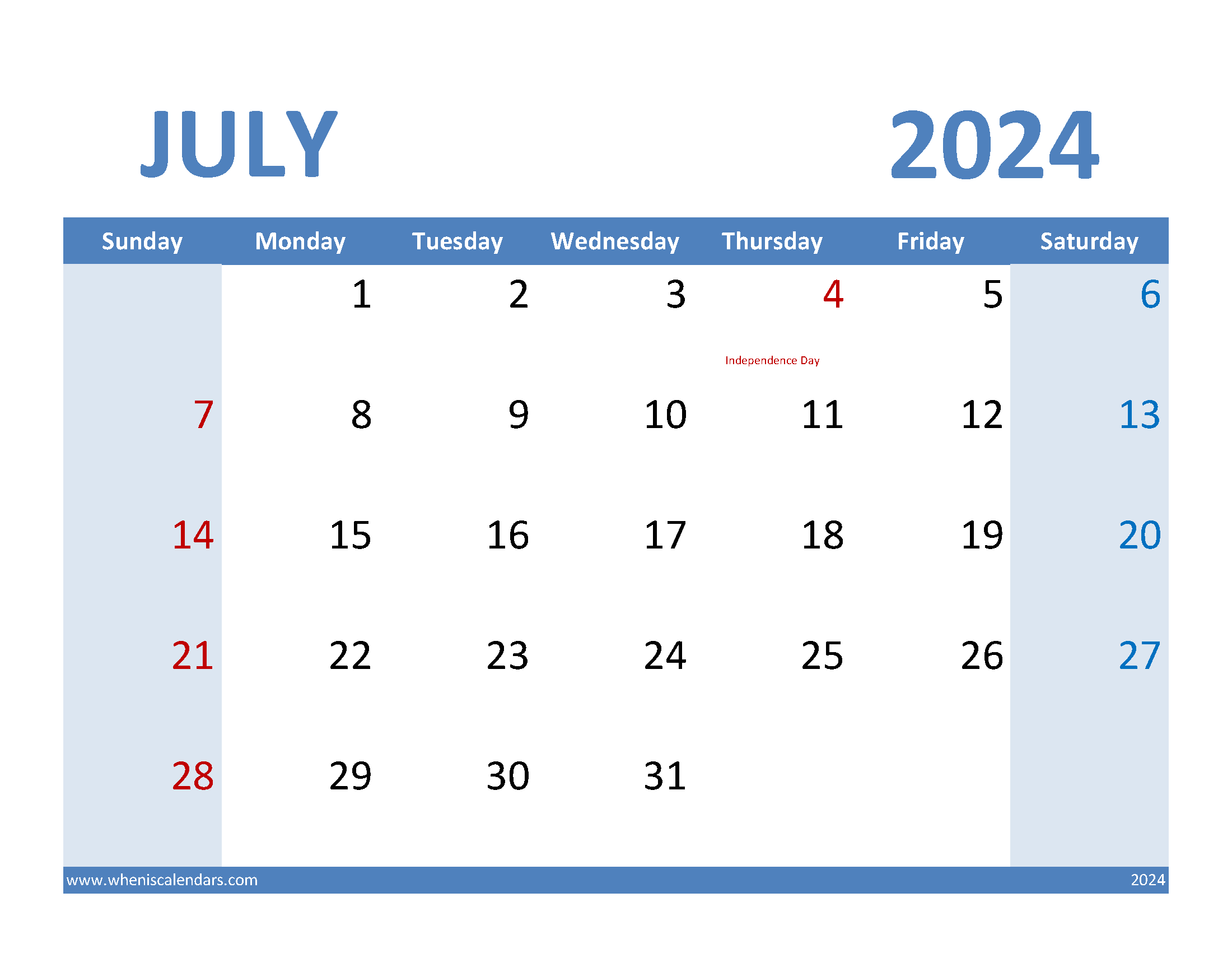 Blank Calendar Template July 2024