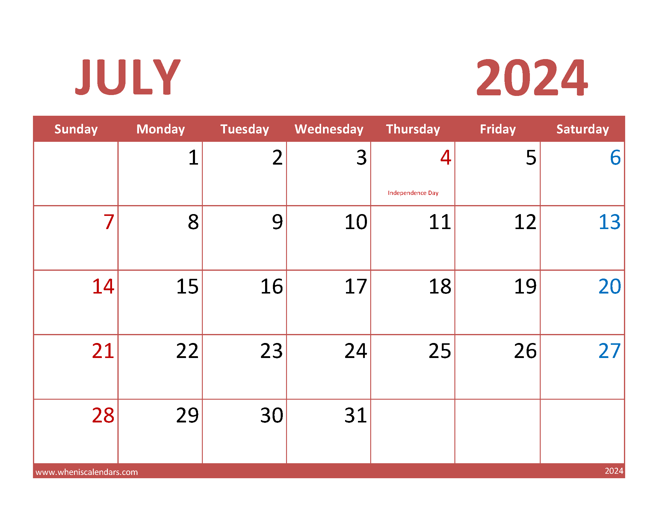 Free Printable July 2024 Calendar