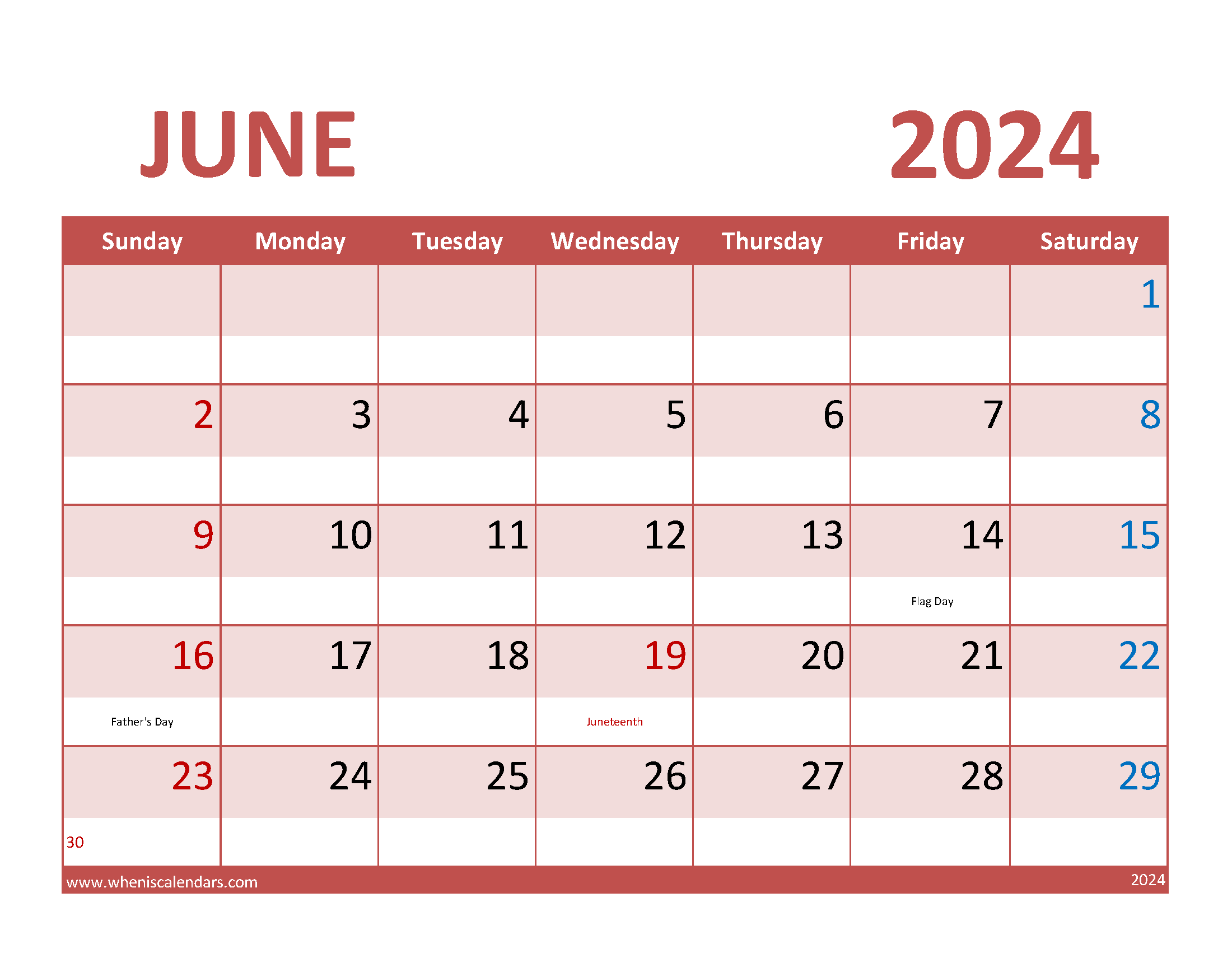 Free Printable Calendar for June 2024