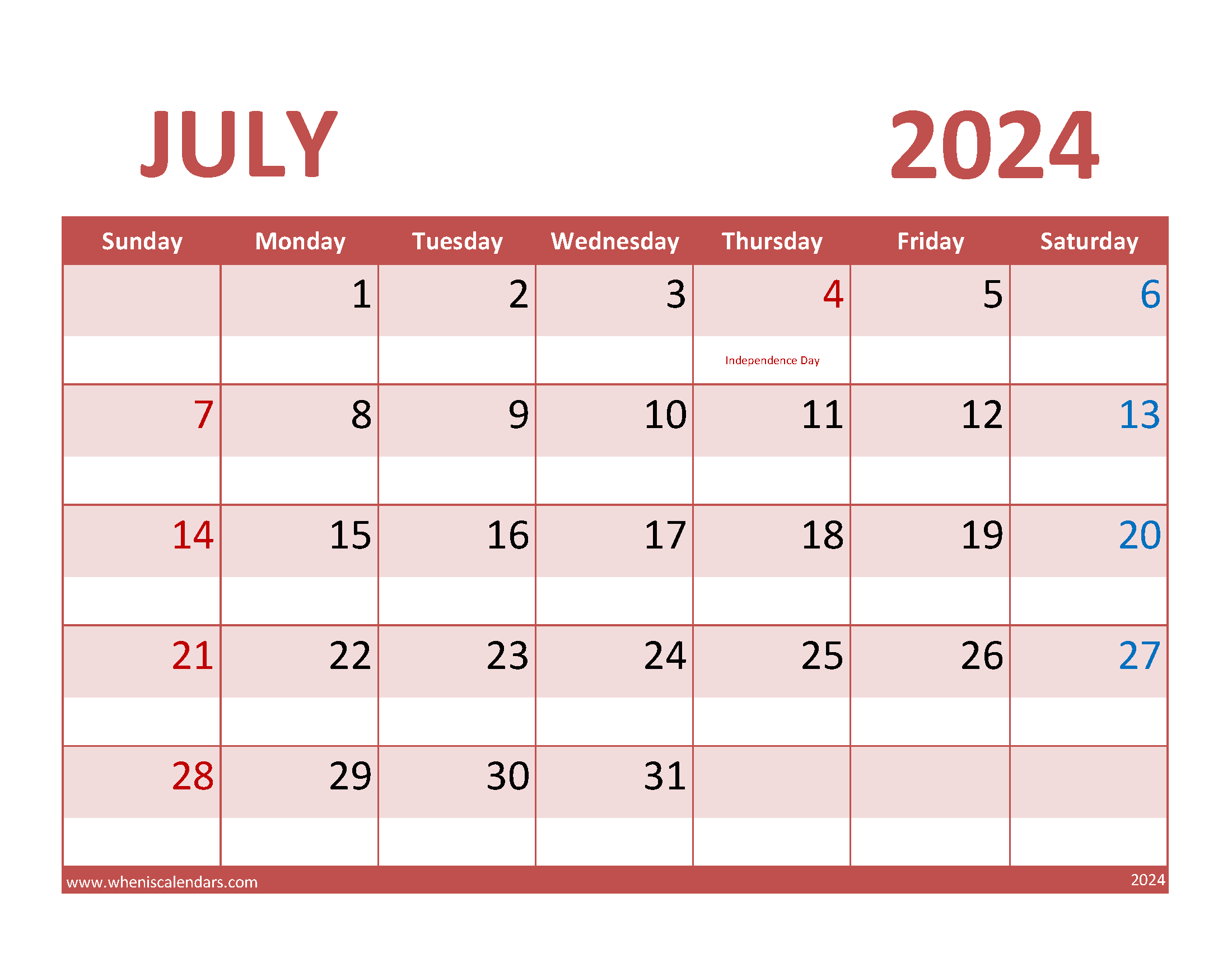 Free Printable Calendar for July 2024