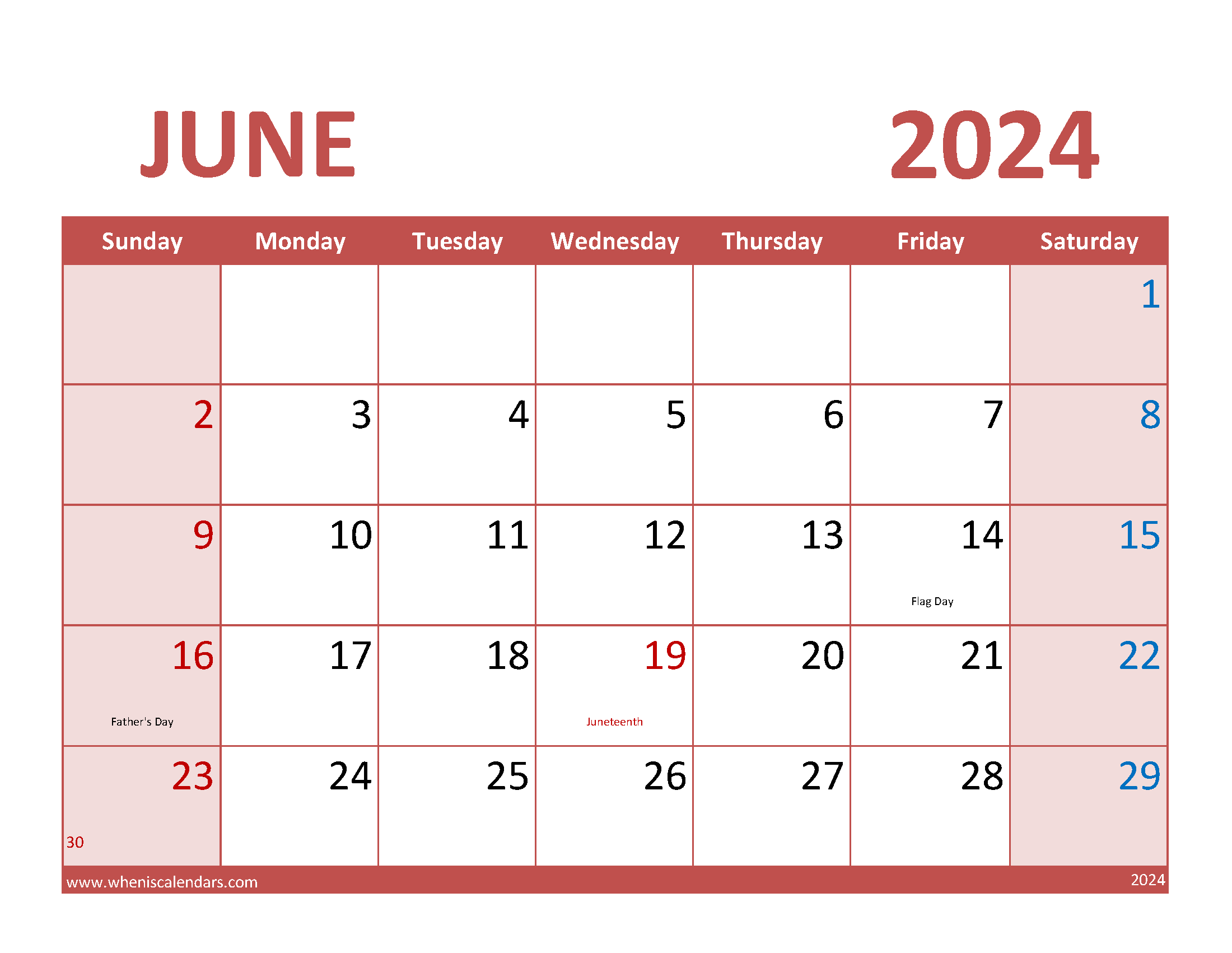 Blank June 2024 Calendar Printable PDF